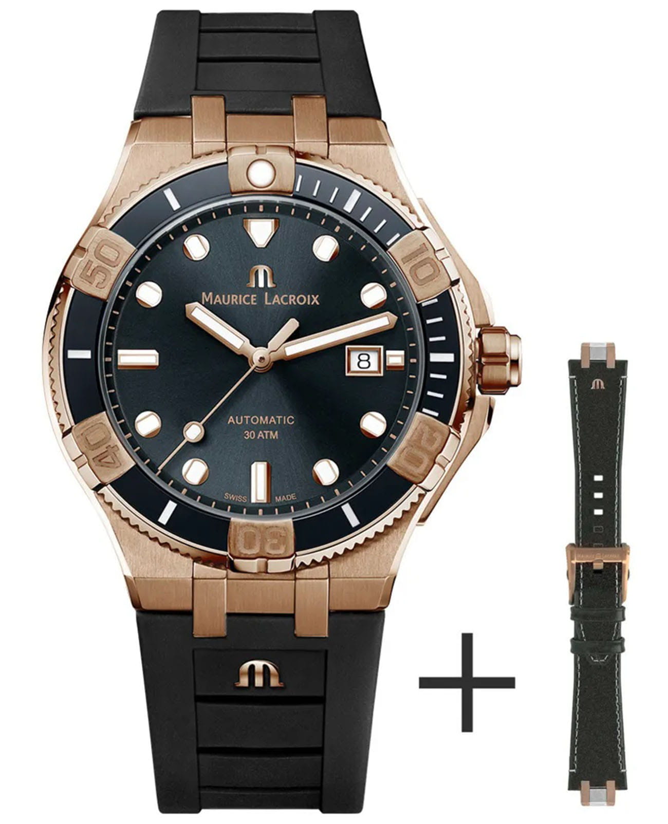 Maurice Lacroix Maurice Lacroix Aikon Venturer Bronze AI6058-BRZ0B-330-2  AI6058-BRZ0B-330-2 механические мужские часы черный циферблат, браслет каучук — вид спереди