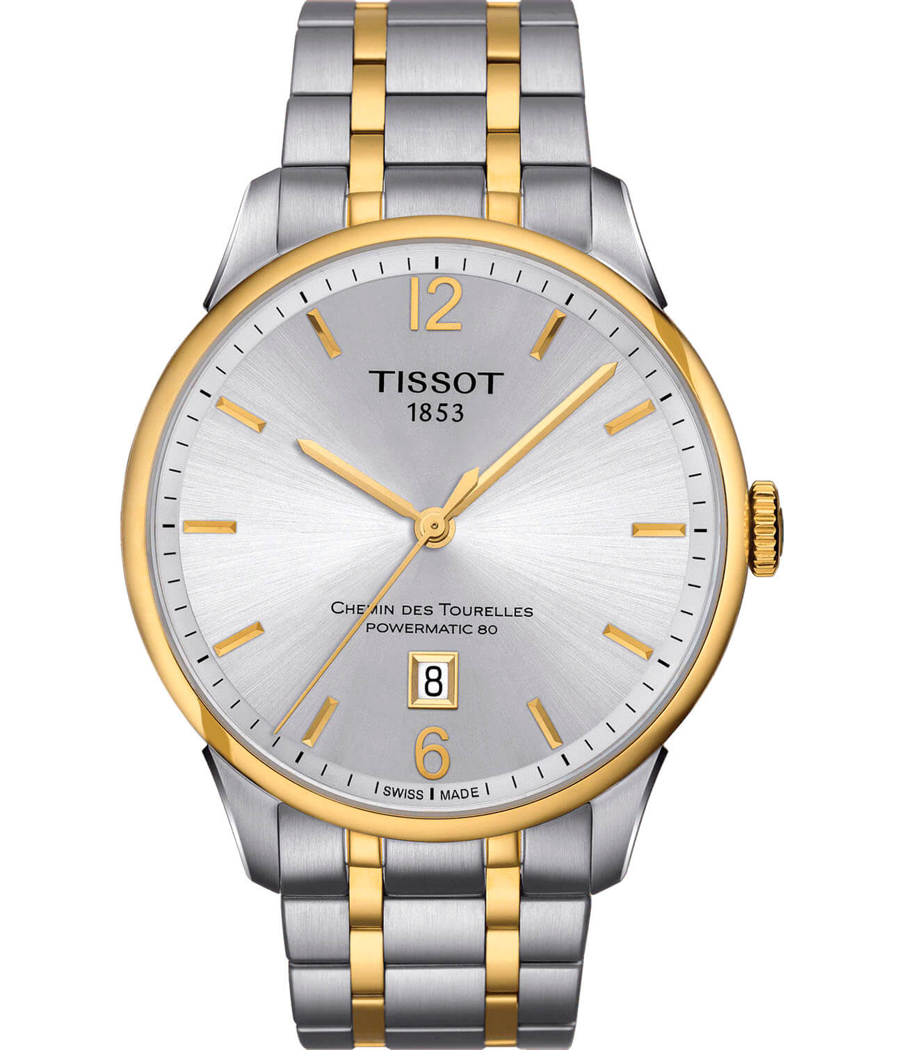 Tissot Tissot Chemin des Tourelles Powermatic 80 T099.407.22.037.00 Chemin des Tourelles T0994072203700 механические мужские часы белый циферблат, браслет сталь c pvd покрытием — вид спереди
