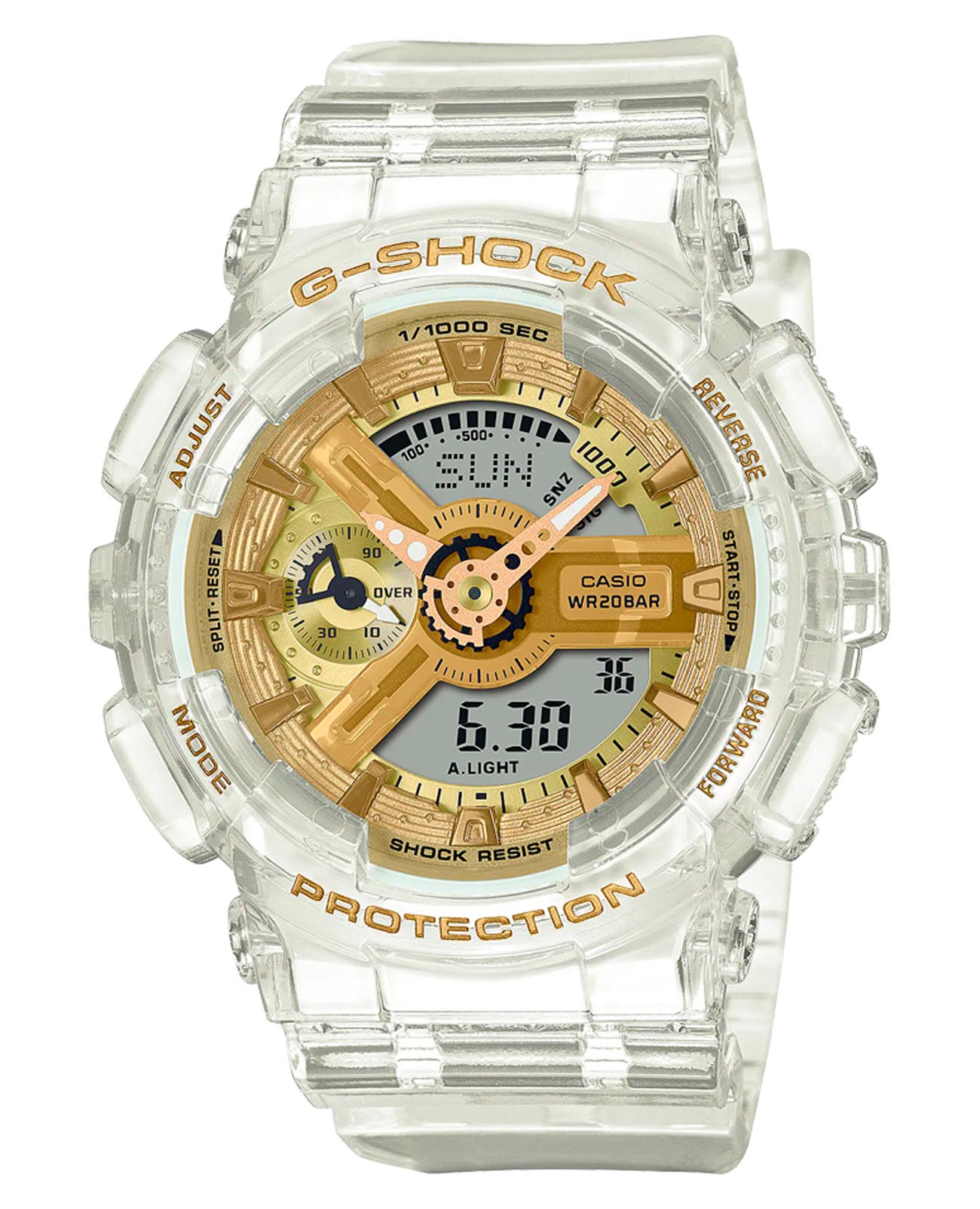 Casio Casio G-Shock GMA-S110SG-7AER  GMA-S110SG-7AER электронные женские часы золотой циферблат, браслет пластик — вид спереди