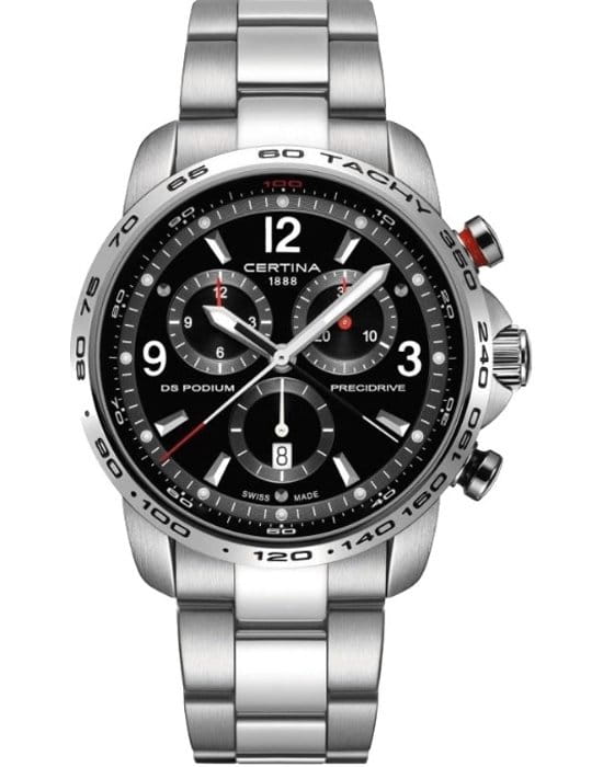 Certina Certina DS Podium Chronograph 1/100 sec C001.647.11.057.00  C0016471105700 кварцевые мужские часы черный циферблат, браслет нержавеющая сталь — вид спереди