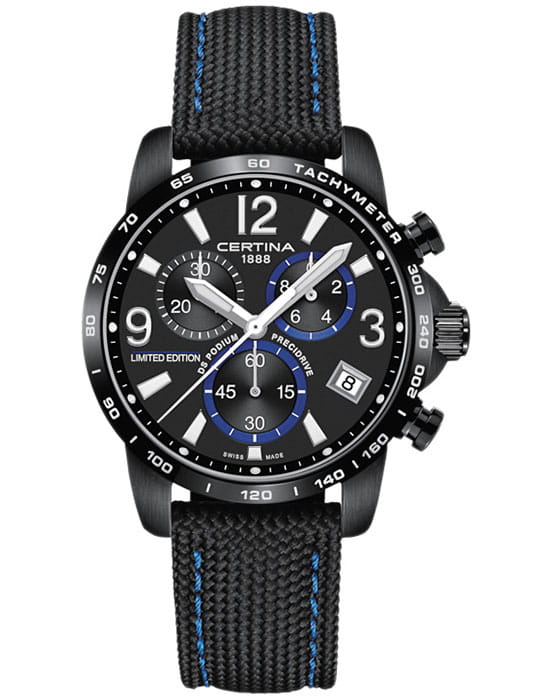 Certina Certina DS Podium Chronograph 1/10 sec C034.417.38.057.10  C0344173805710 кварцевые мужские часы черный циферблат, браслет тканевый — вид спереди