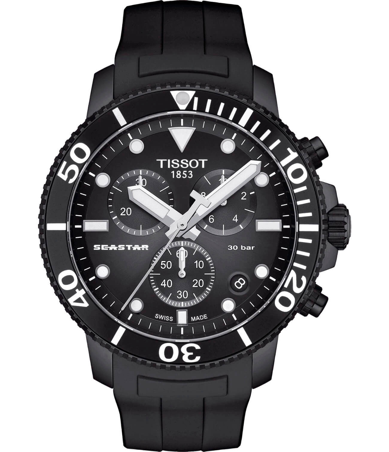 Tissot Tissot Seastar 1000 Chronograph T120.417.37.051.02 Seastar 1000 T1204173705102 кварцевые мужские часы черный циферблат, браслет каучук — вид спереди