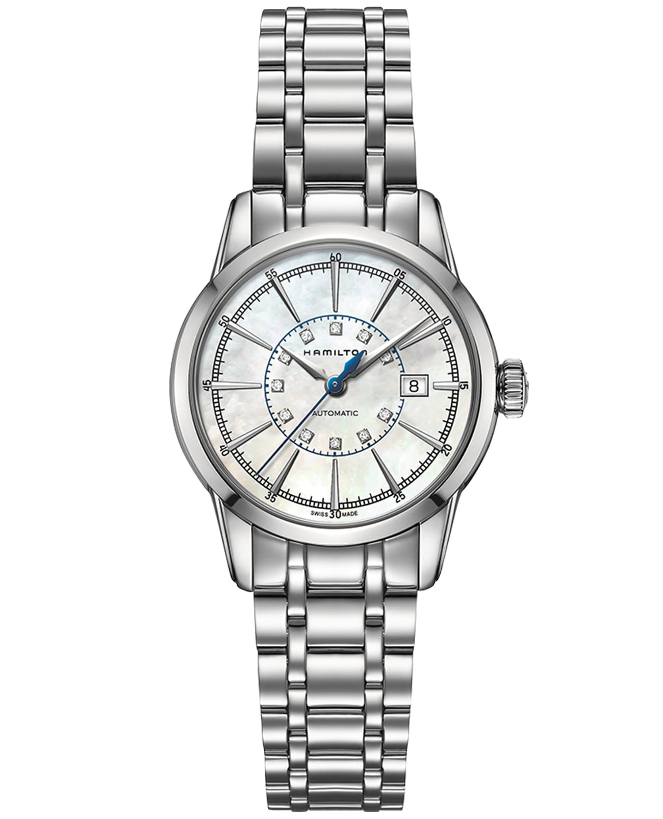Hamilton Hamilton American Classic RailRoad Lady Auto H40405191  H40405191 механические женские часы перламутровый циферблат, браслет нержавеющая сталь — вид спереди
