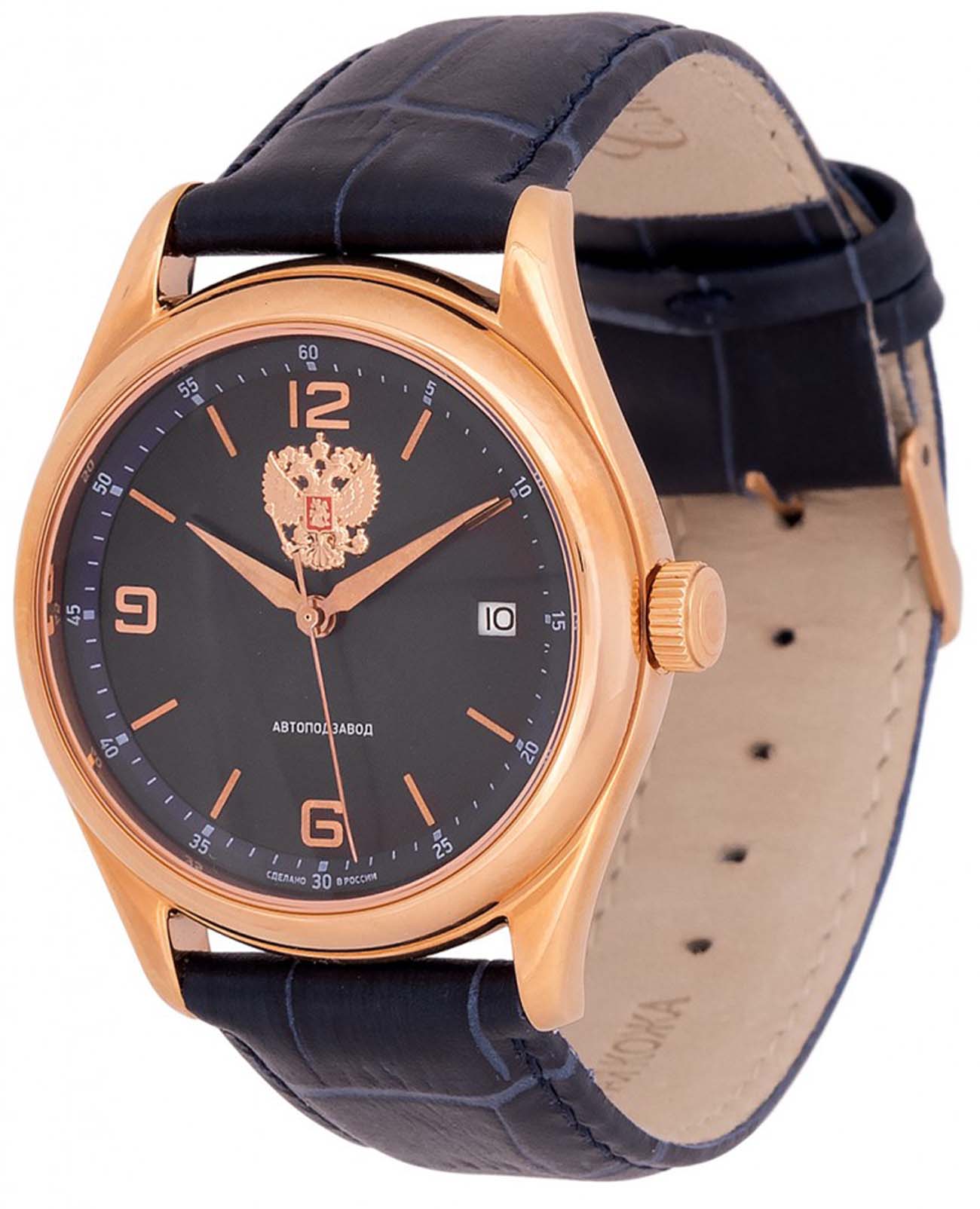 Слава Слава Премьер 1493275/300-8215  1493275/300-8215 механические мужские часы черный циферблат, браслет кожаный — вид спереди