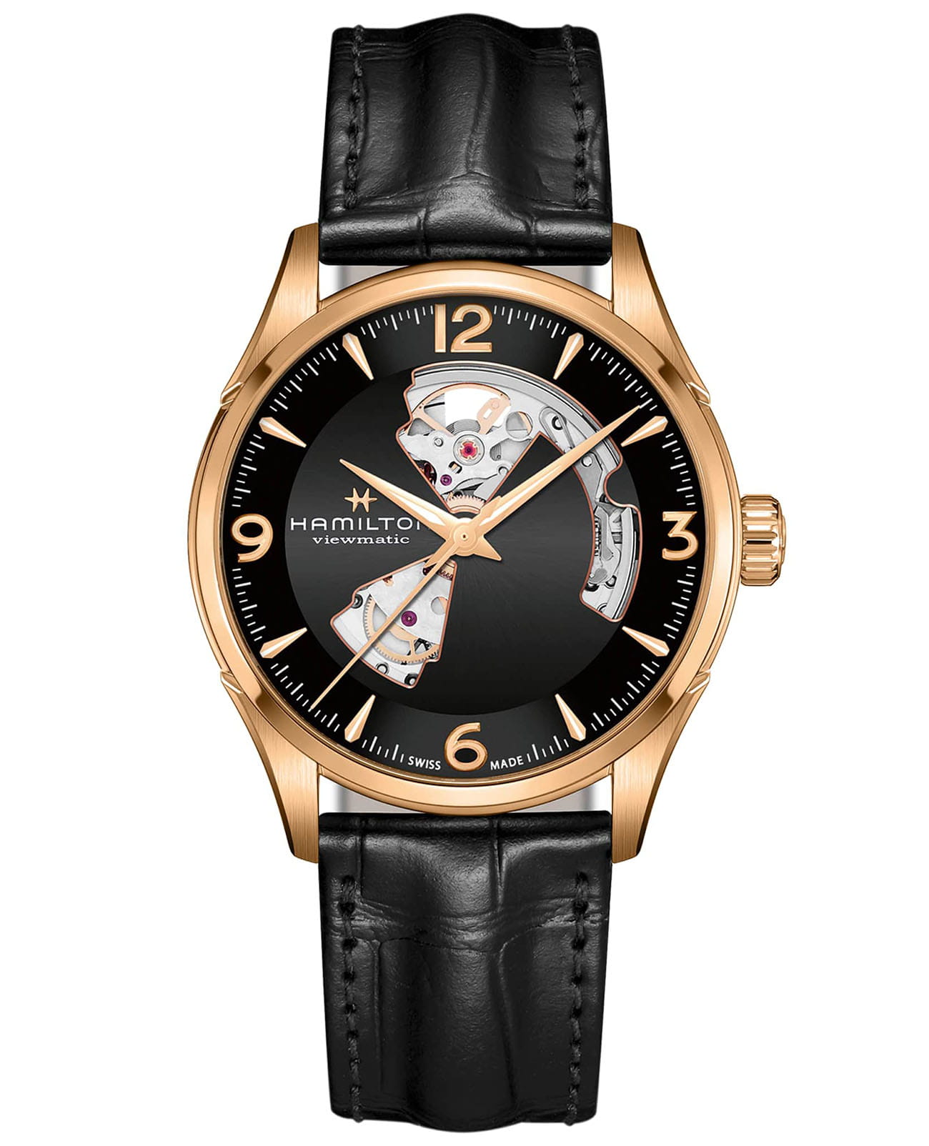 Hamilton Hamilton Jazzmaster Open Heart Auto H32735731  H32735731 механические мужские часы черный циферблат, браслет кожаный — вид спереди