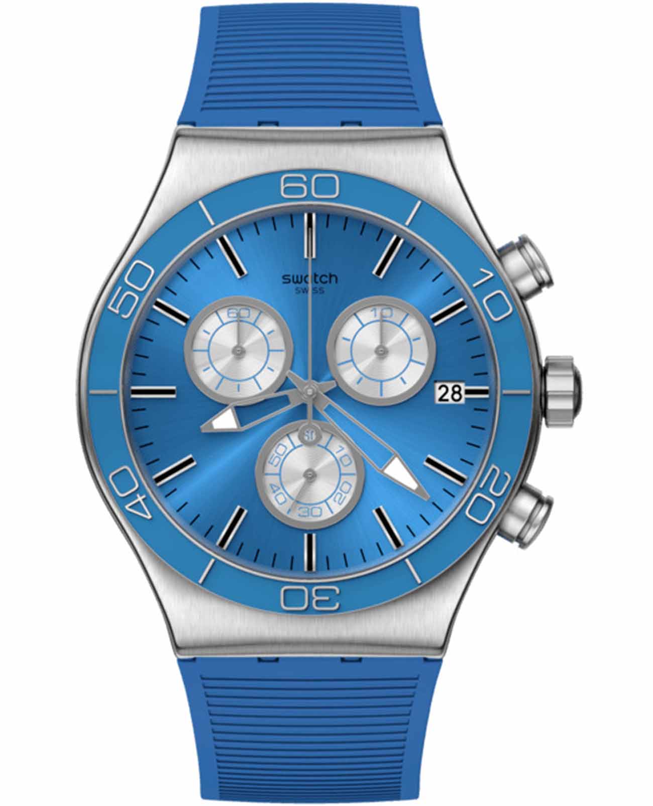 Swatch Swatch I New Chrono YVS485  YVS485 кварцевые женские часы голубой циферблат, браслет резина — вид спереди