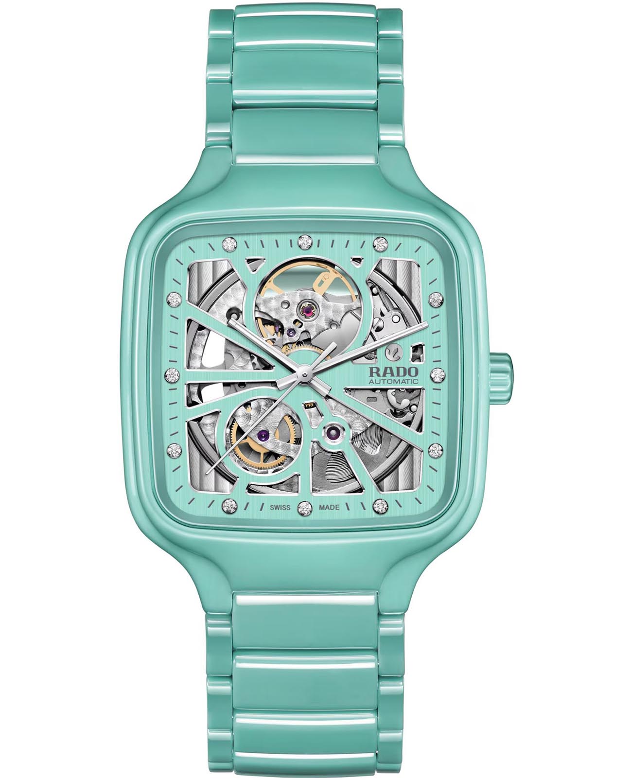 Rado Rado True Square Automatic Open Heart R27176712 Automatic R27176712 механические мужские часы зеленый циферблат, браслет титан + высокотехнологичная плазменная керамика — вид спереди