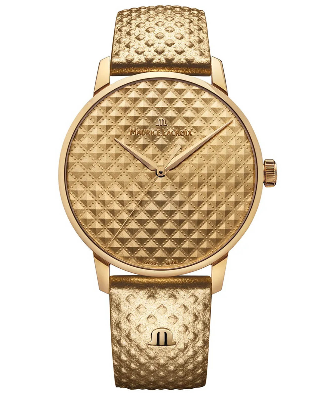 Maurice Lacroix Maurice Lacroix Eliros Date Sunshine EL1118-PVY01-090-9  EL1118-PVY01-090-9 кварцевые женские часы золотой циферблат, браслет кожаный — вид спереди