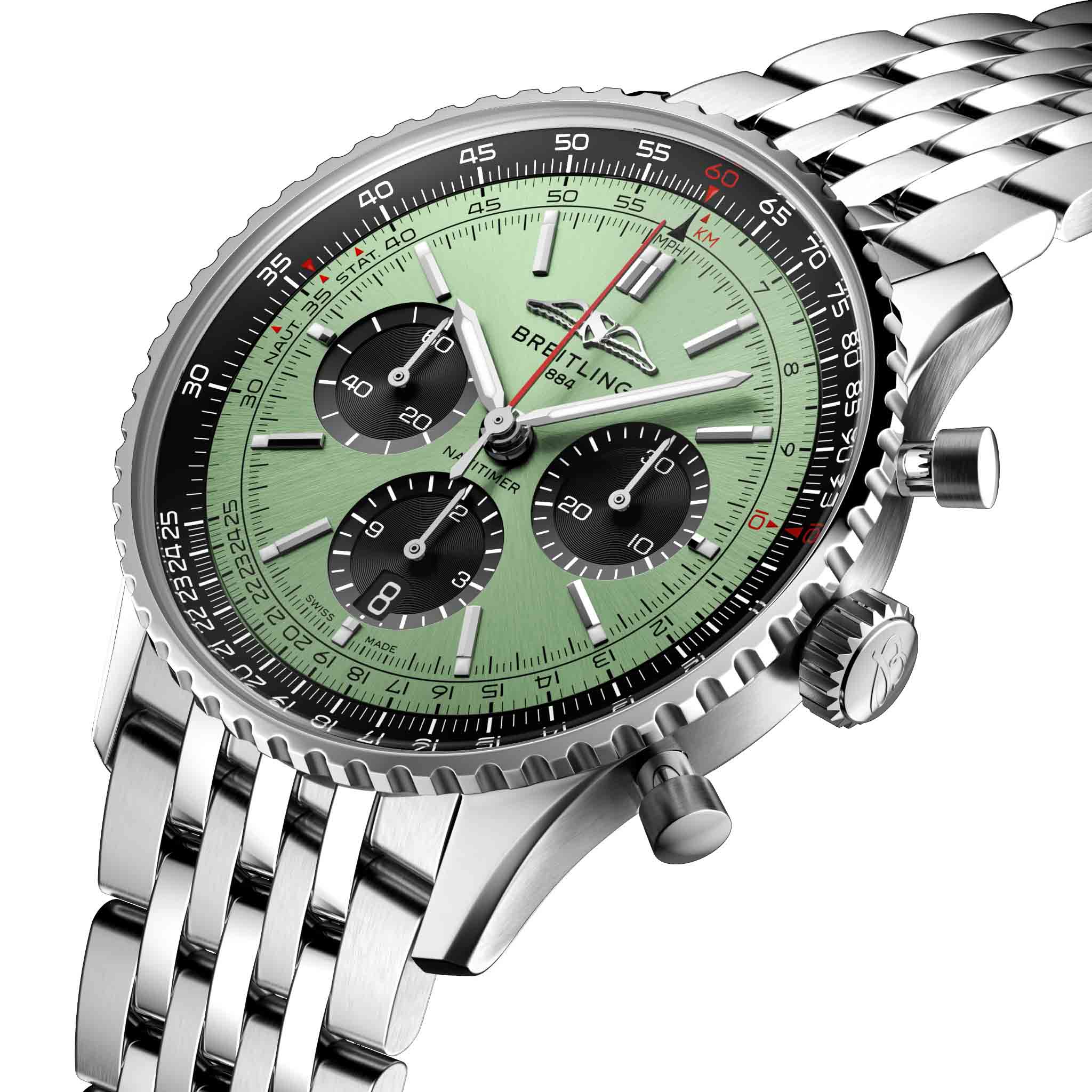Breitling Breitling Navitimer B01 Chronograph 43 AB0138241L1A1 механические мужские часы часы крупный план зеленый циферблата
