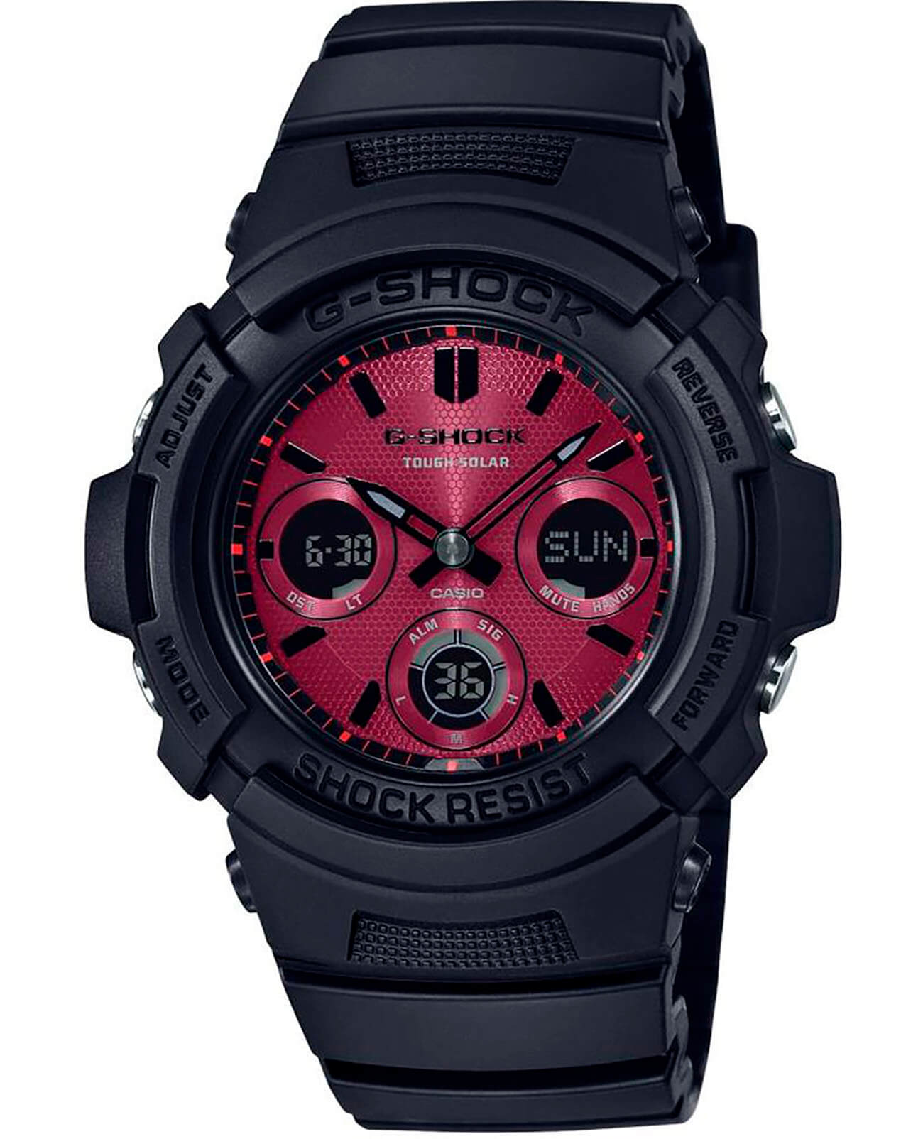 Casio Casio G-Shock AWG-M100SAR-1A AWG AWG-M100SAR-1A электронные мужские часы красный циферблат, браслет пластик — вид спереди