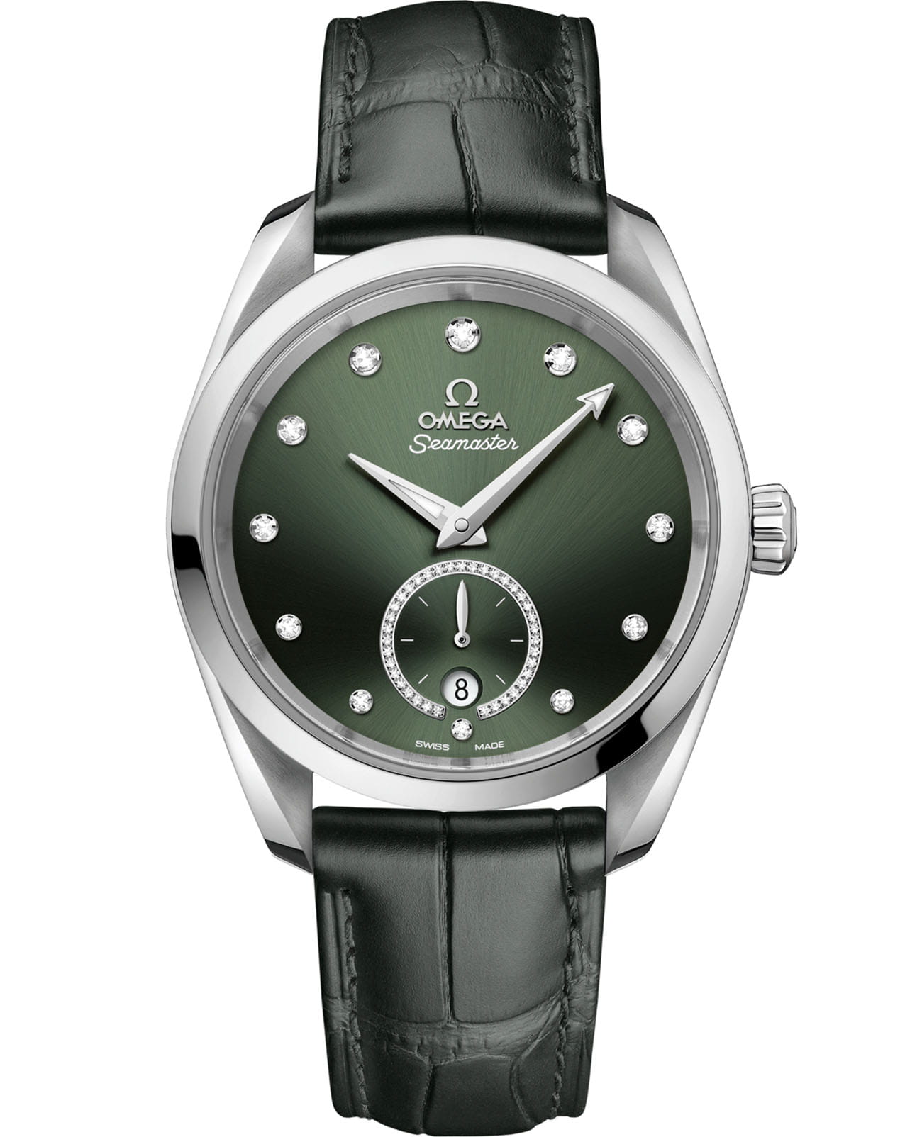 Omega Omega Seamaster Aqua Terra 220.13.38.20.60.001 Aqua Terra 22013382060001 механические женские часы зеленый циферблат, браслет кожаный — вид спереди