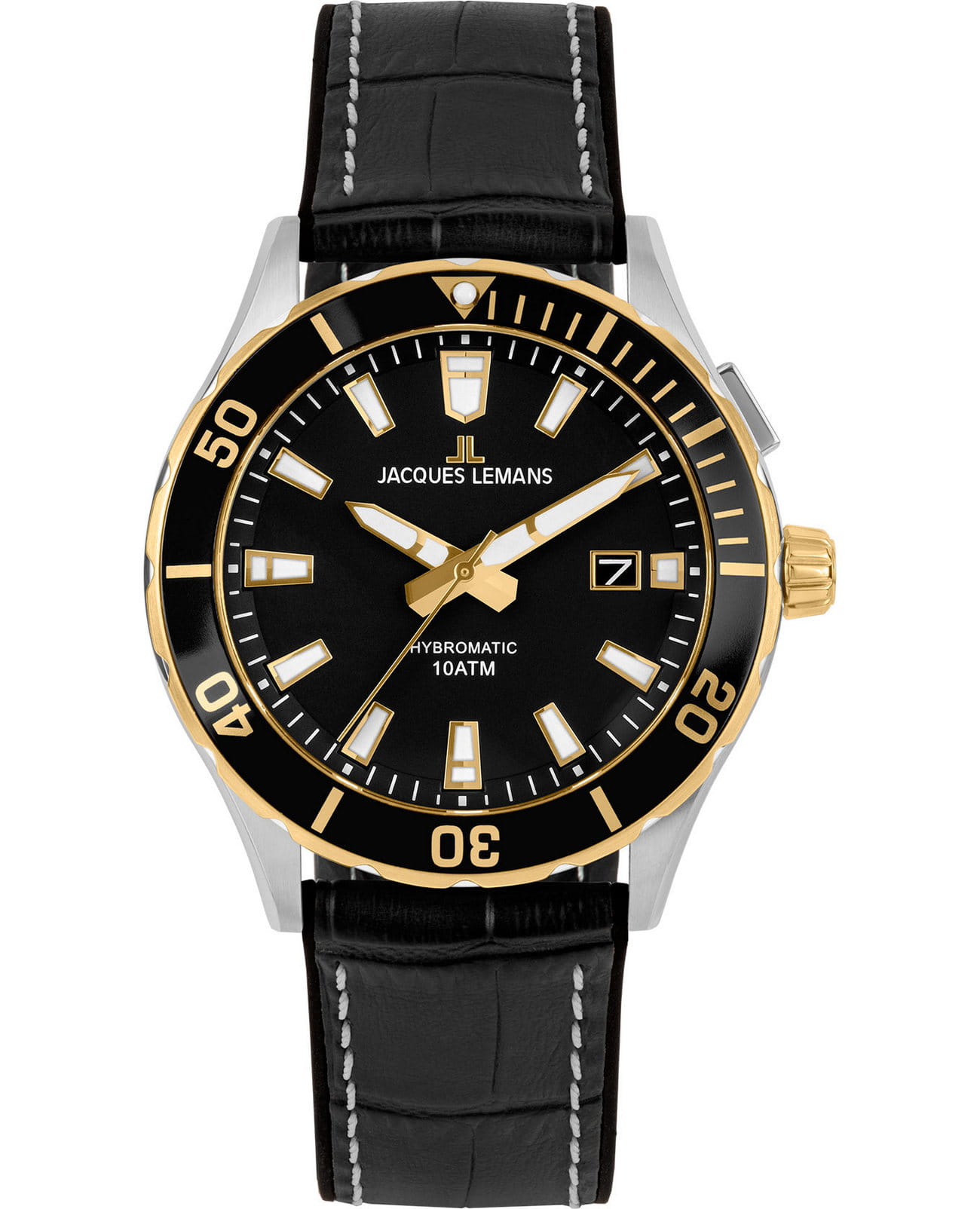 Jacques Lemans Jacques Lemans Hybromatic 1-2131C  1-2131C автокварц (кинетик) мужские часы черный циферблат, браслет кожаный — вид спереди