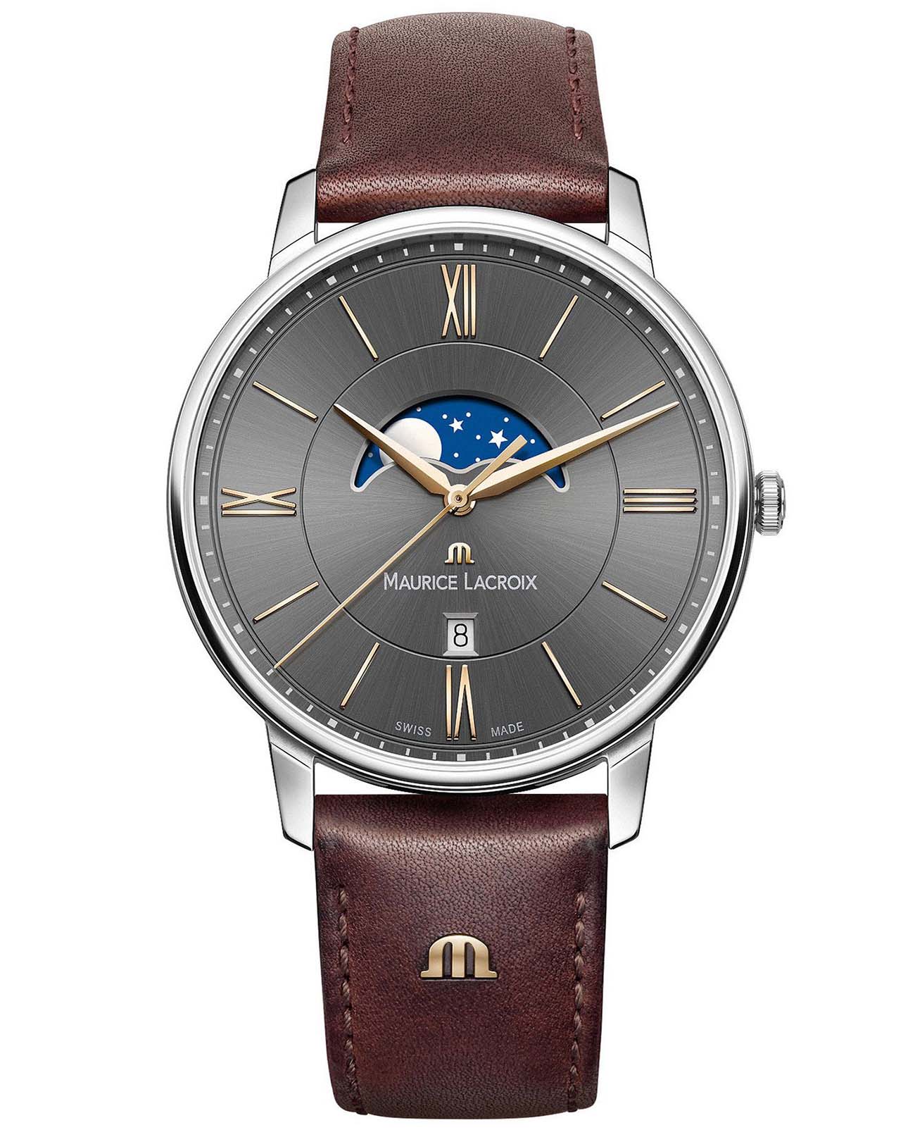 Maurice Lacroix Maurice Lacroix Eliros Moonphase EL1108-SS001-311-1  EL1108-SS001-311-1 кварцевые мужские часы серый циферблат, браслет кожаный — вид спереди