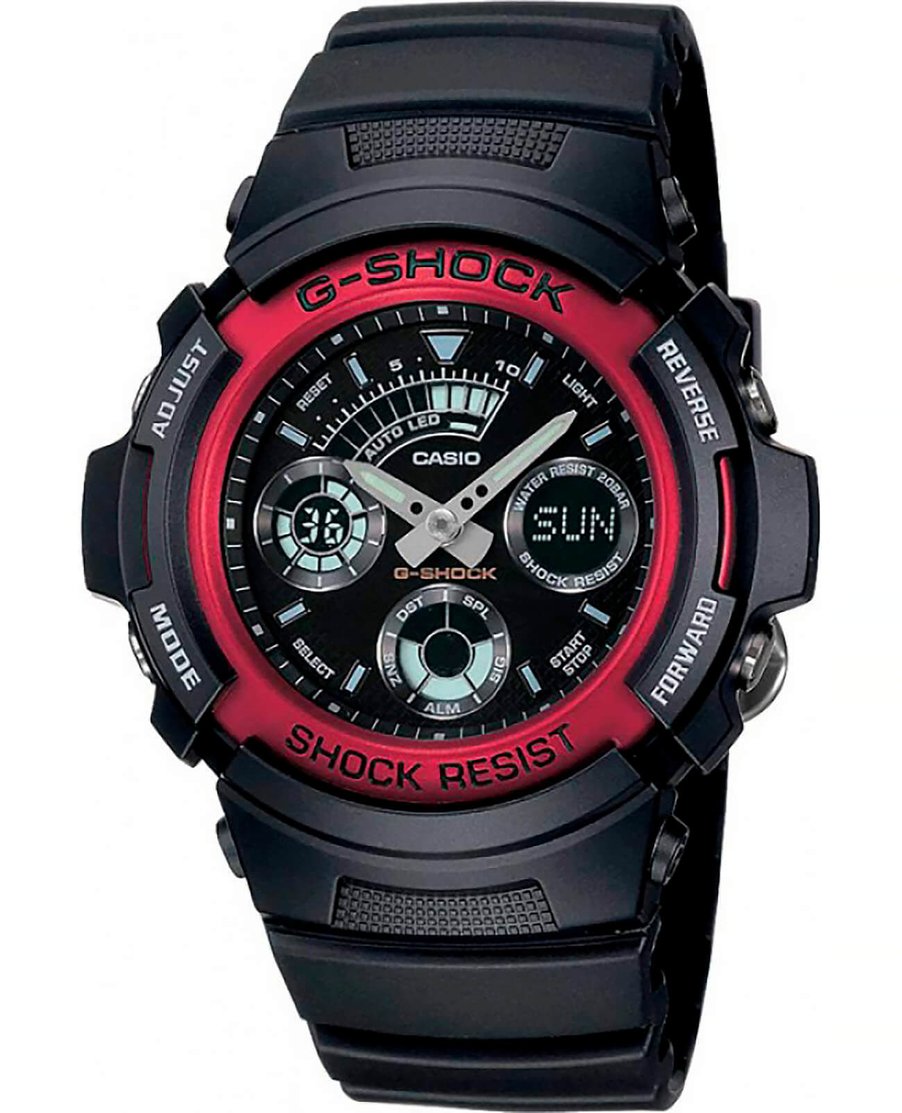 Casio Casio G-Shock AW-591-4A  AW-591-4A электронные мужские часы черный циферблат, браслет пластик — вид спереди