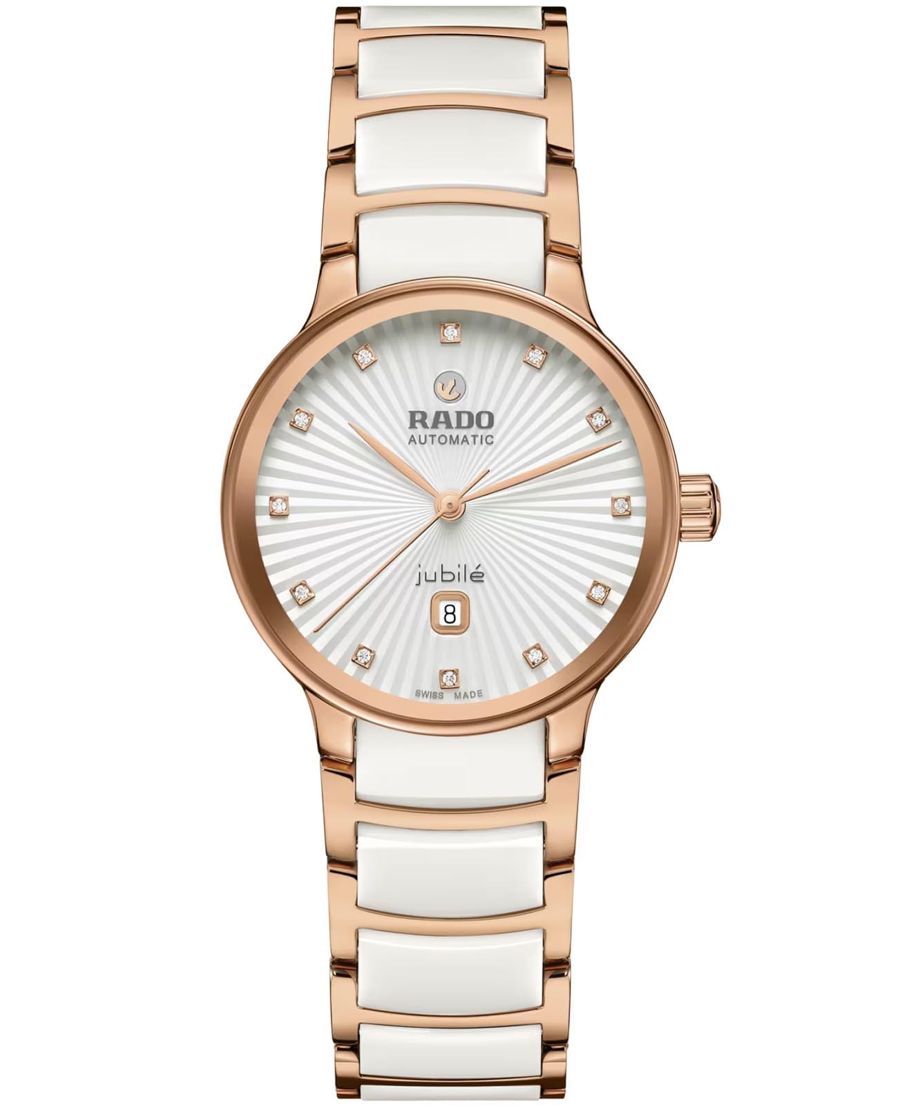 Rado Rado Centrix Automatic Diamonds R30019744 Automatic R30019744 механические женские часы белый циферблат, браслет высокотехнологичная керамика + нержавеющая сталь с pvd покрытием — вид спереди