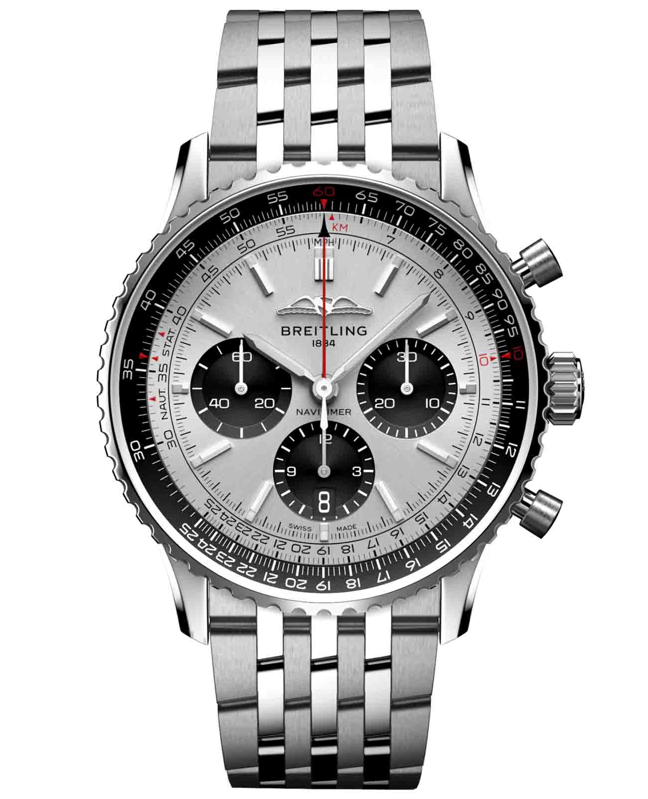 Breitling Breitling Navitimer B01 Chronograph 43 AB0138241G1A1  AB0138241G1A1 механические мужские часы серебристый циферблат, браслет нержавеющая сталь — вид спереди