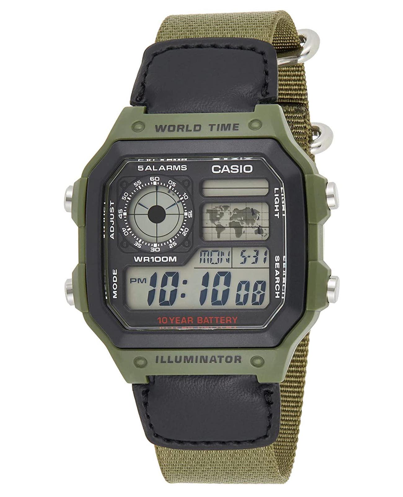 Casio Casio Collection AE-1200WHB-3BVDF (AE-1200WHB-3B)  AE-1200WHB-3B кварцевые мужские часы серый циферблат, браслет кожа + текстиль — вид спереди