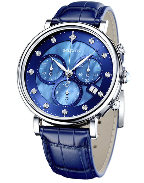 Sokolov 126.30.00.000.05.04.2  126.30.00.000.05.04.2 кварцевые женские часы синий циферблат, браслет кожаный — вид спереди