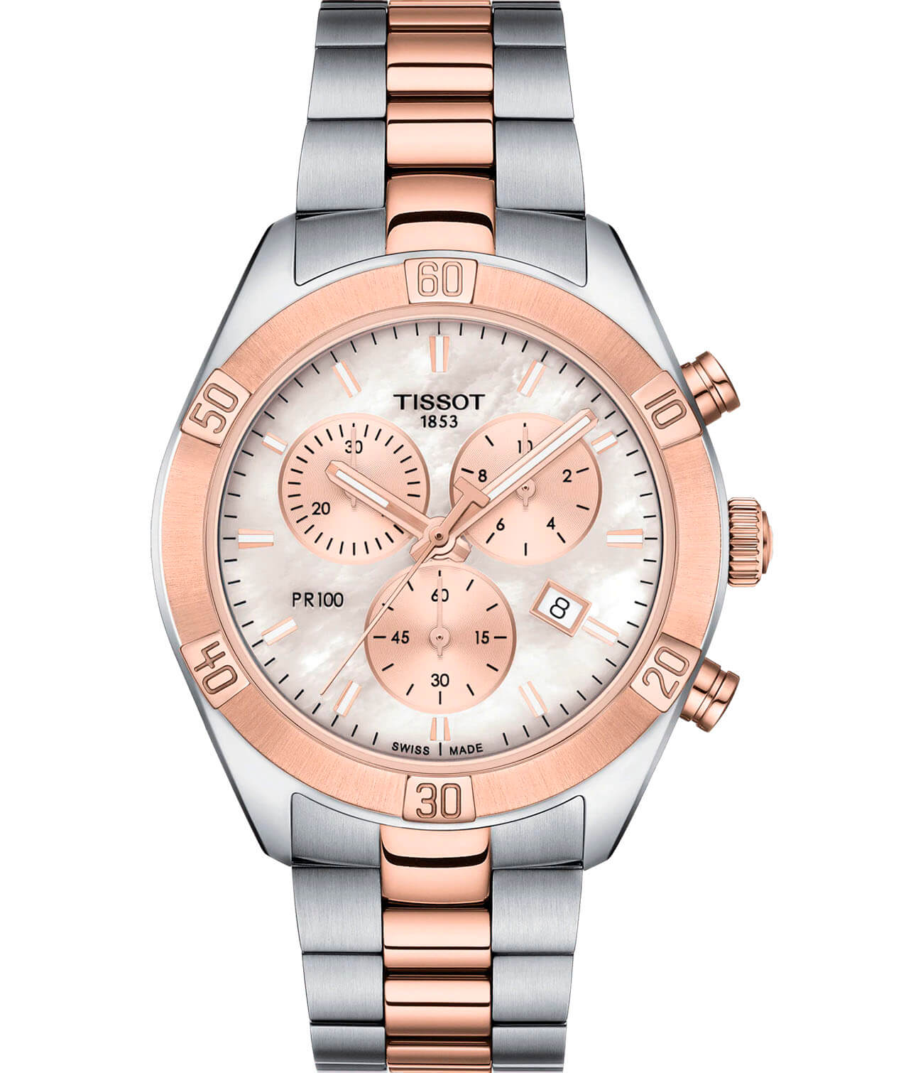 Tissot Tissot PR 100 Sport Chic Chronograph T101.917.22.151.00 PR 100 Sport Chic T1019172215100 кварцевые женские часы перламутровый циферблат, браслет сталь c pvd покрытием — вид спереди