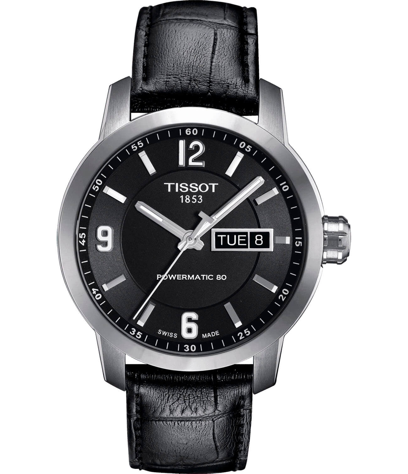 Tissot Tissot PRC 200 Powermatic 80 T055.430.16.057.00  T0554301605700 механические мужские часы черный циферблат, браслет кожаный — вид спереди