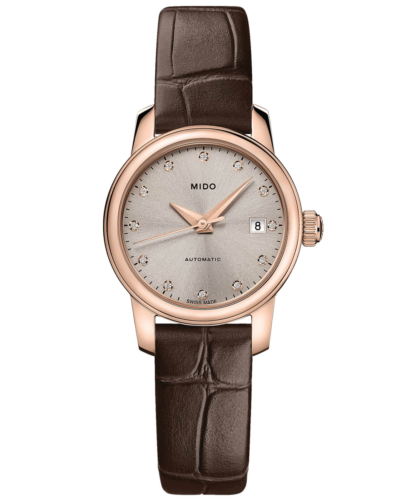 Mido Mido Baroncelli Lady Twenty Five M039.007.36.076.00  M0390073607600 механические женские часы серебристый циферблат, браслет кожаный — вид спереди