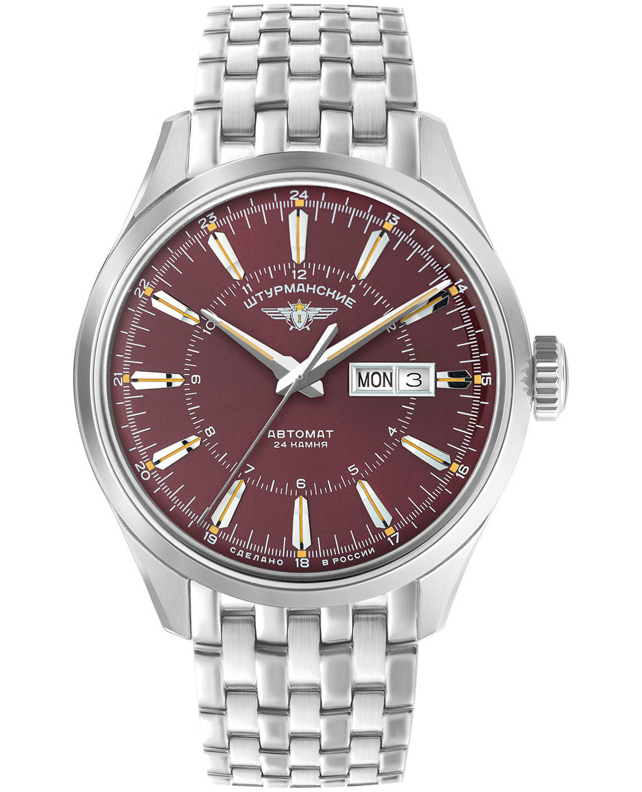 Штурманские Штурманские Открытый Космос Day-Date NH36/1891774B  NH36/1891774B механические мужские часы красный циферблат, браслет нержавеющая сталь — вид спереди