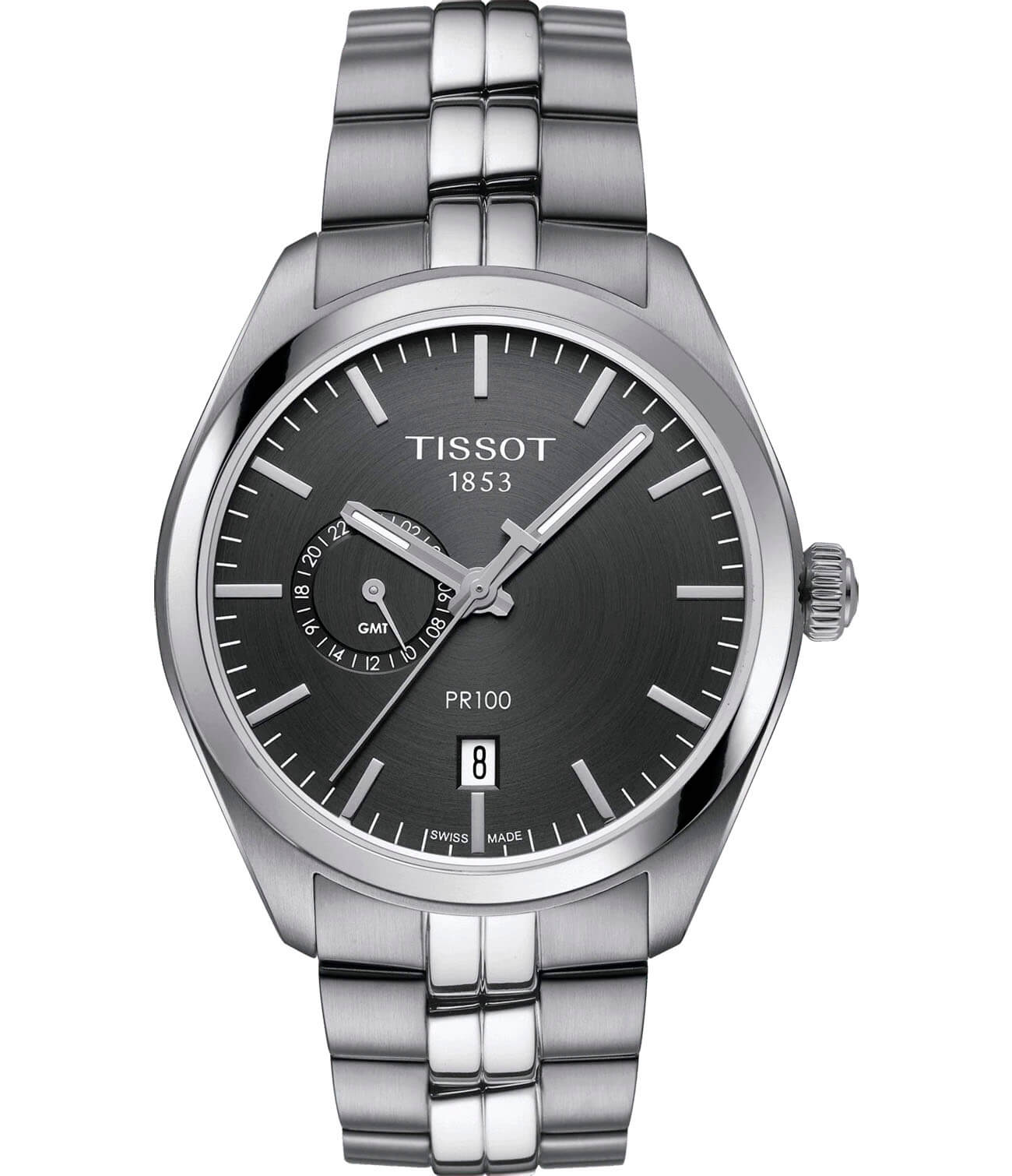 Tissot Tissot PR 100 Dual Time T101.452.11.061.00 PR 100 T1014521106100 кварцевые мужские часы серый циферблат, браслет нержавеющая сталь — вид спереди
