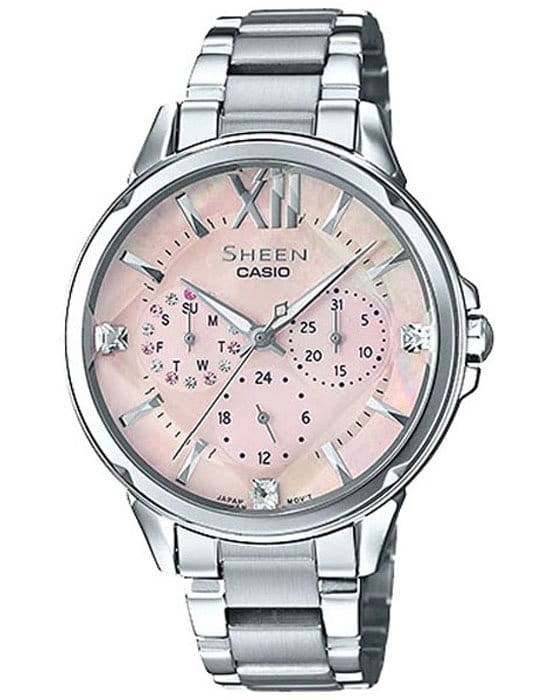 Casio Casio Sheen SHE-3056D-4A  SHE-3056D-4A кварцевые женские часы розовый циферблат, браслет 18-каратное желтое золото — вид спереди