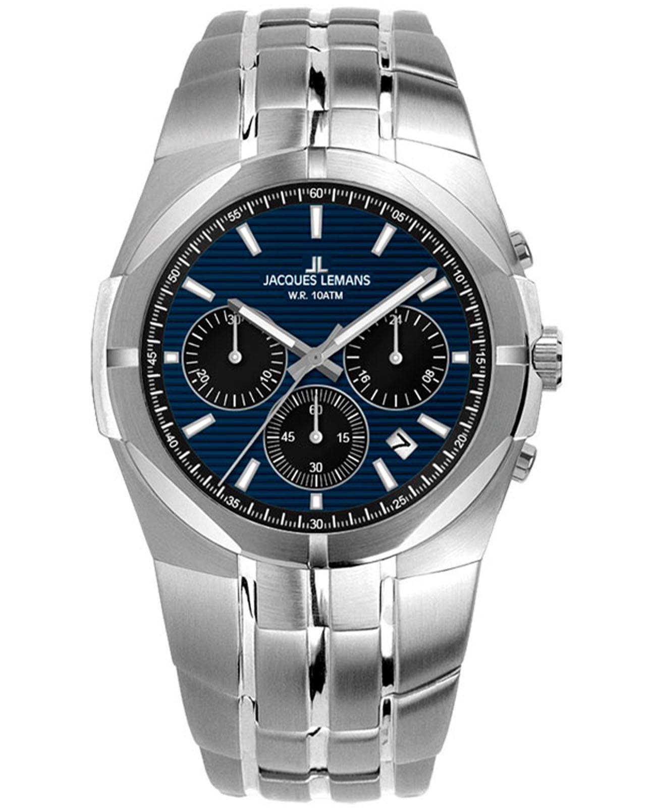 Jacques Lemans Jacques Lemans 1-2181C  1-2181C кварцевые мужские часы синий циферблат, браслет нержавеющая сталь — вид спереди