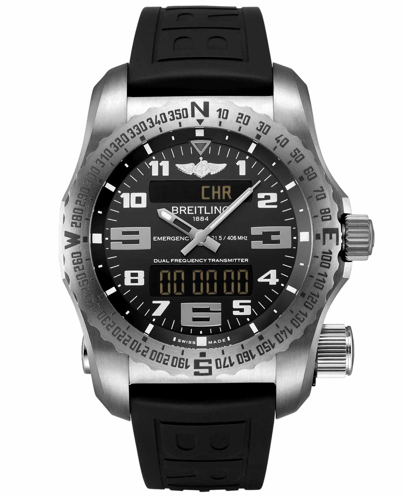 Breitling Breitling Emergency E76325221B1S1  E76325221B1S1 кварцевые мужские часы черный циферблат, браслет каучук — вид спереди