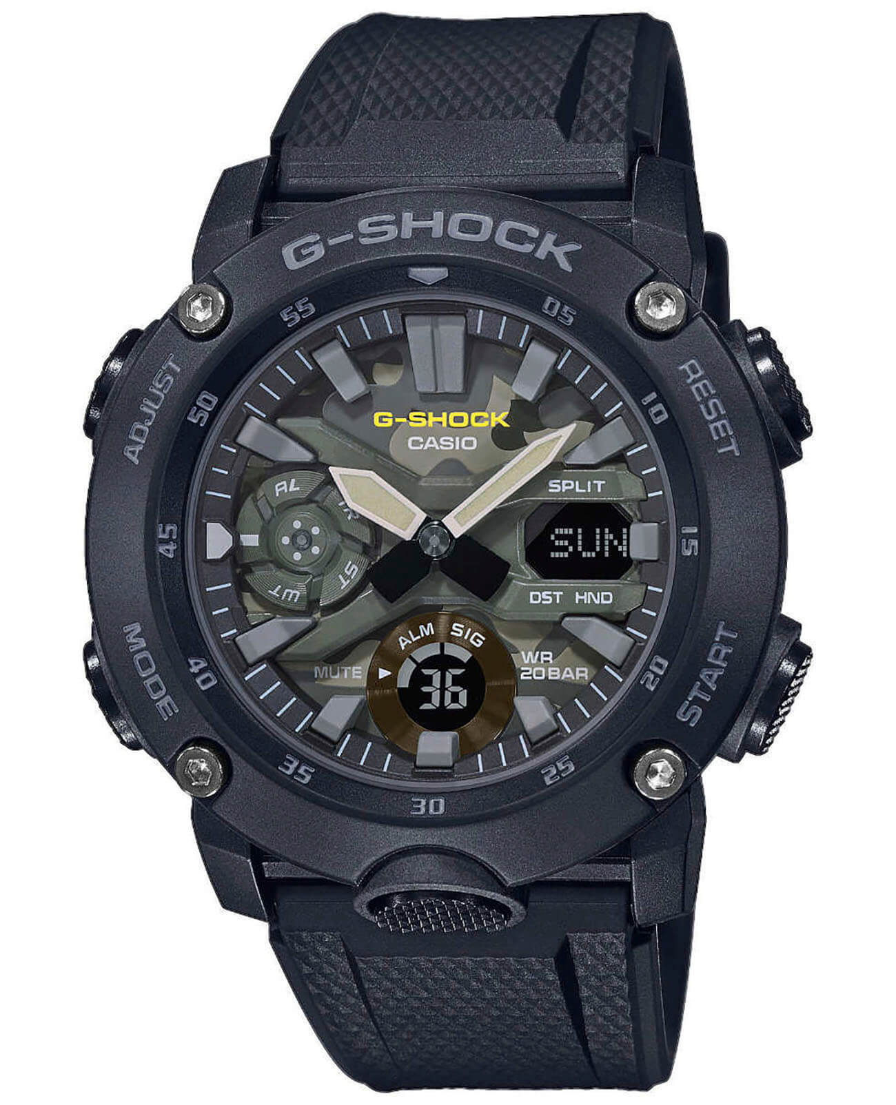 Casio Casio G-Shock GA-2000SU-1A GA-2000 GA-2000SU-1A электронные мужские часы зеленый циферблат, браслет пластик — вид спереди