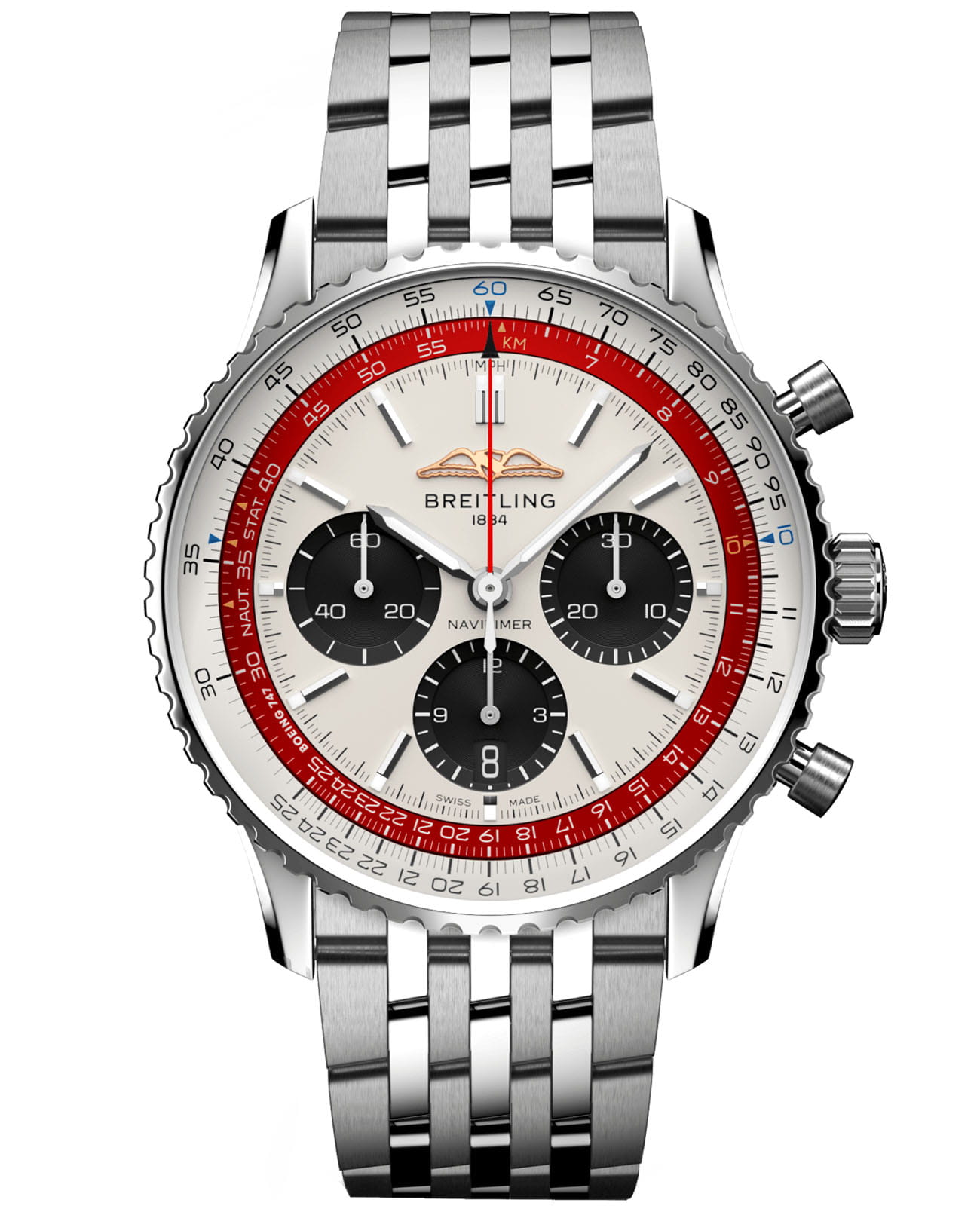 Breitling Breitling Navitimer B01 Chronograph 43 Boeing 747 AB01383B1G1A1  AB01383B1G1A1 механические мужские часы  циферблат, браслет нержавеющая сталь — вид спереди