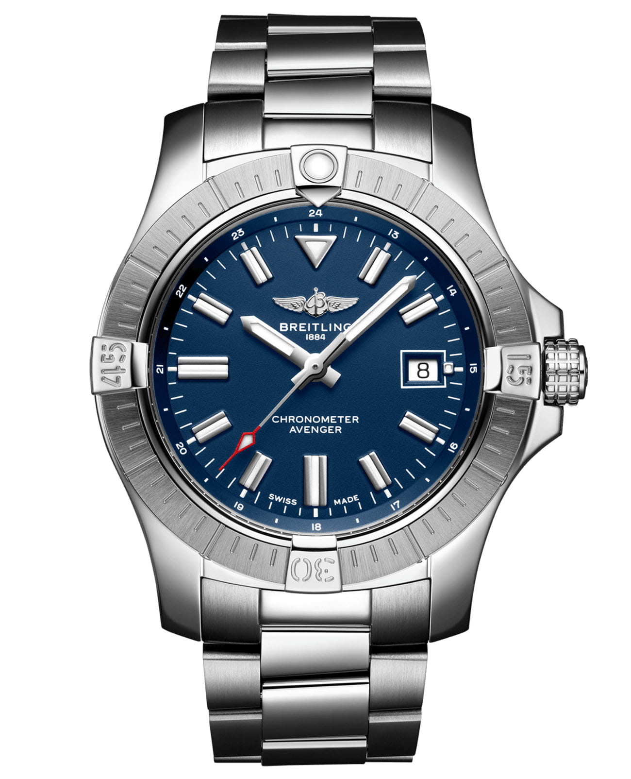 Breitling Breitling Avenger Automatic 43 A17318101C1A1  A17318101C1A1 механические мужские часы синий циферблат, браслет нержавеющая сталь — вид спереди