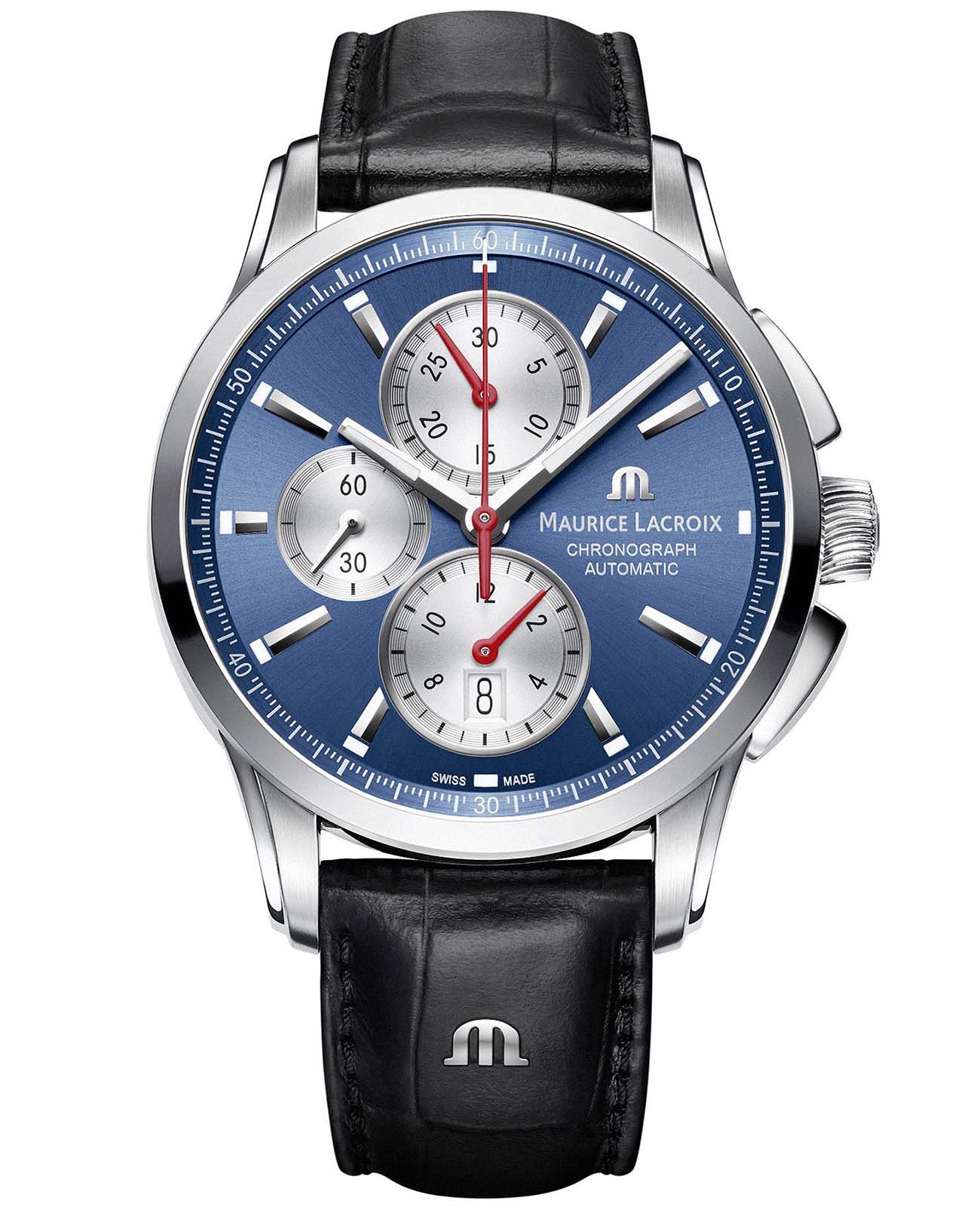 Maurice Lacroix Maurice Lacroix Pontos Chronograph PT6388-SS001-430-1  PT6388-SS001-430-1 механические мужские часы синий циферблат, браслет кожаный — вид спереди