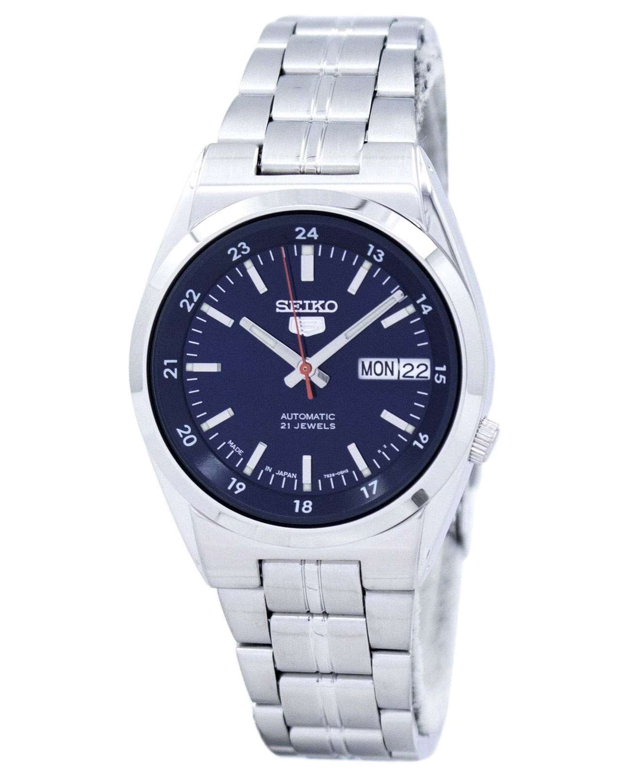 Seiko Seiko Seiko 5 SNK563J1  SNK563J1 механические мужские часы синий циферблат, браслет нержавеющая сталь — вид спереди