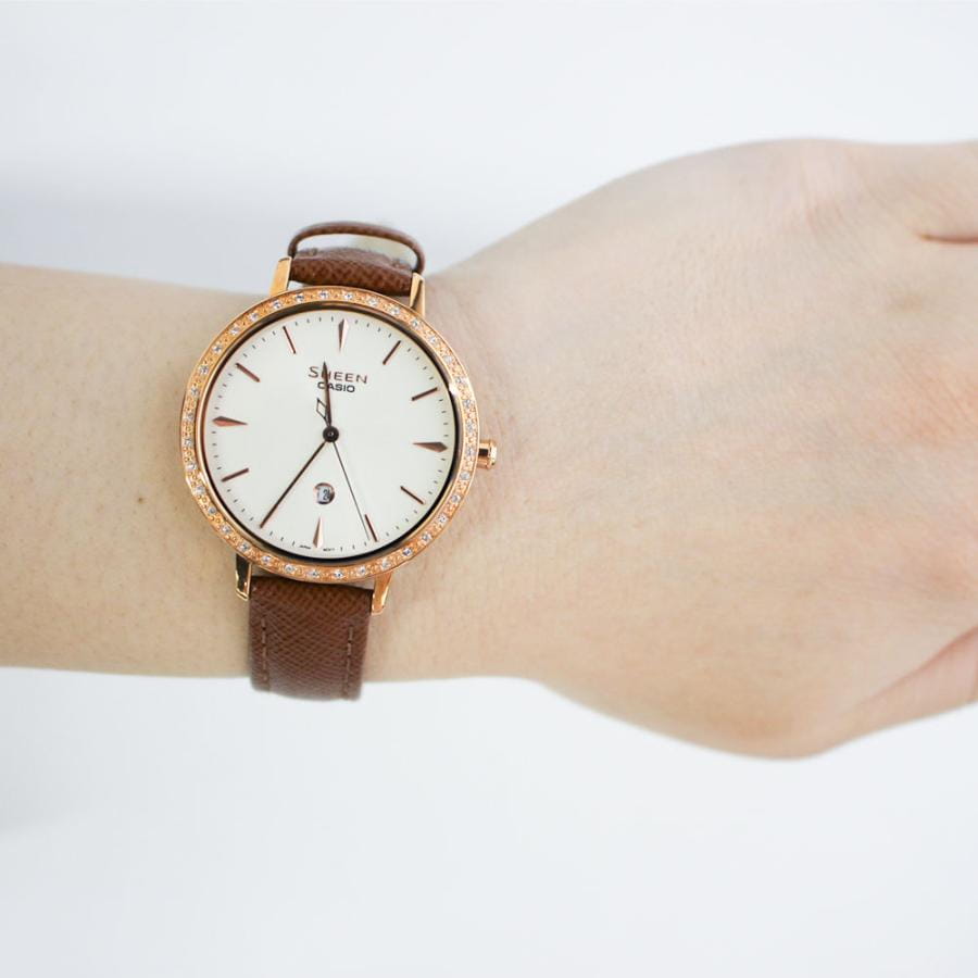Casio Casio Sheen SHE-4535YGL-9A, sheen япония женские часы на браслете кожаный боковой вид