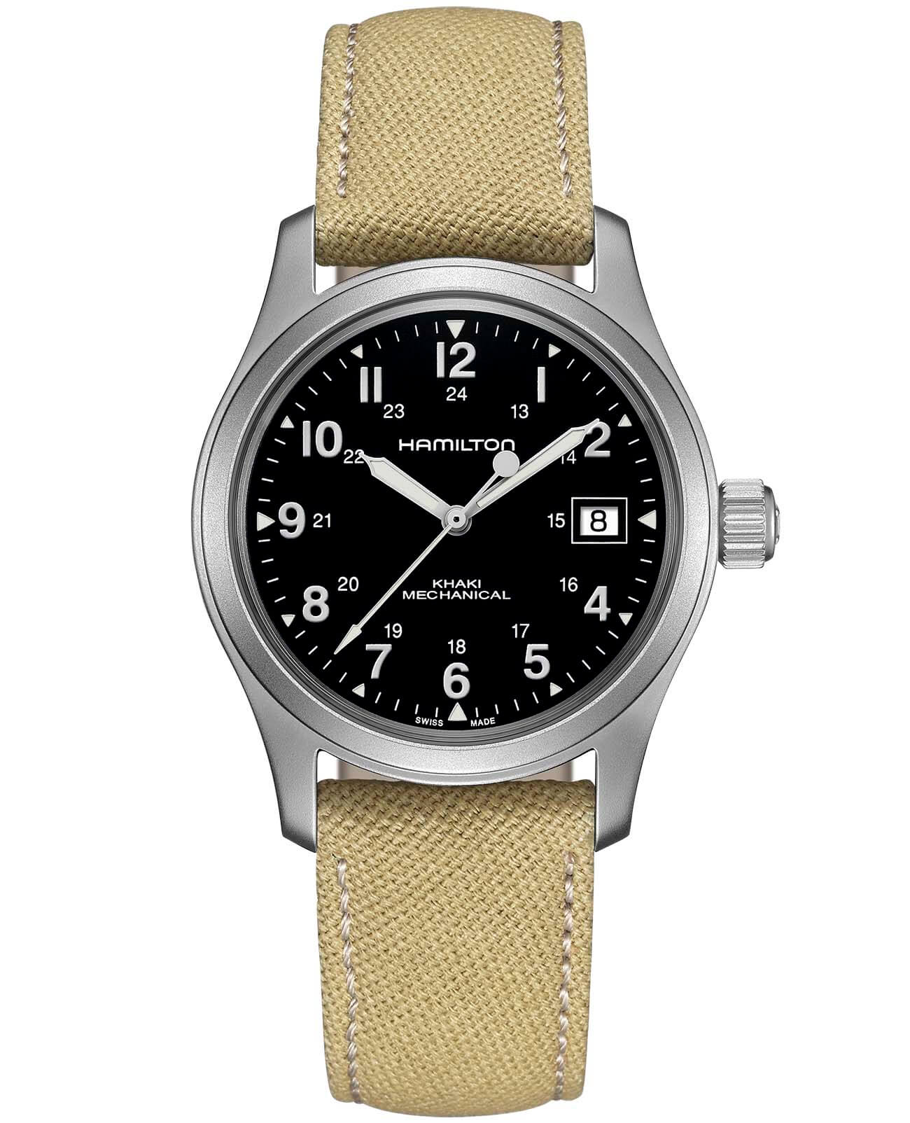 Hamilton Hamilton Khaki Field Mechanical H69439933  H69439933 механические мужские часы черный циферблат, браслет тканевый — вид спереди
