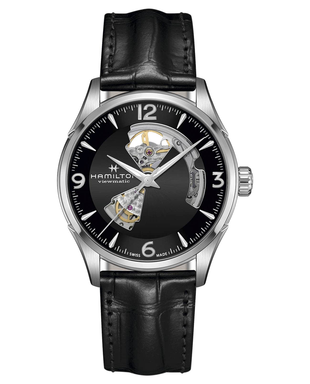 Hamilton Hamilton Jazzmaster Open Heart Auto H32705731  H32705731 механические мужские часы черный циферблат, браслет кожаный — вид спереди