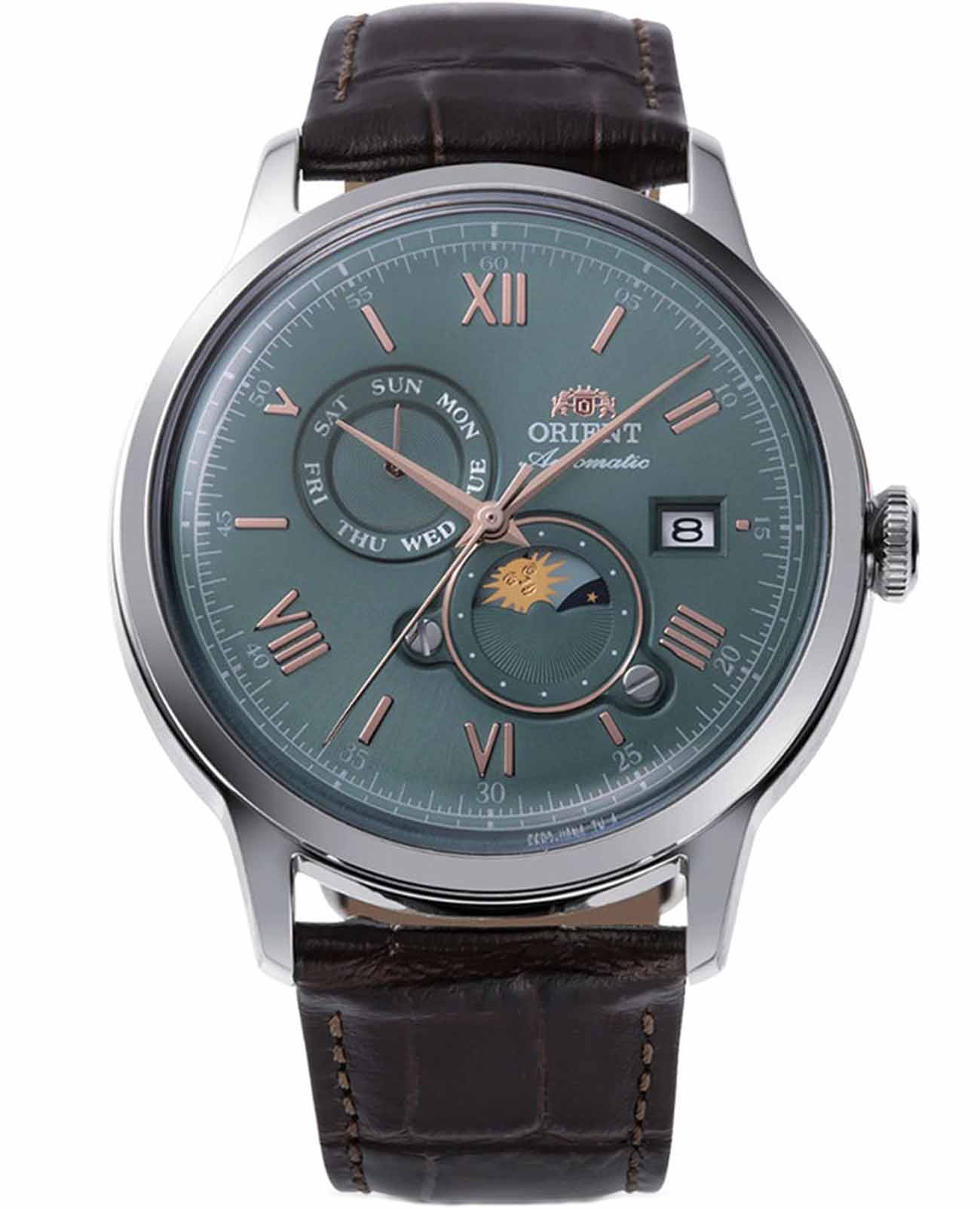 Orient Orient Sun & Moon RA-AK0805E (RN-AK0805E)  RA-AK0805E механические мужские часы зеленый циферблат, браслет кожаный — вид спереди