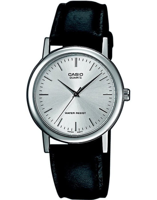Casio Casio MTP-1095E-7A  MTP-1095E-7A кварцевые мужские часы серебристый циферблат, браслет кожаный — вид спереди