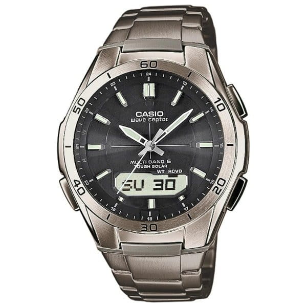 Casio CASIO WAVE CEPTOR WVA-M640TD-1A  WVA-M640TD-1A кварцевые мужские часы черный циферблат, браслет 18-каратное желтое золото — вид спереди