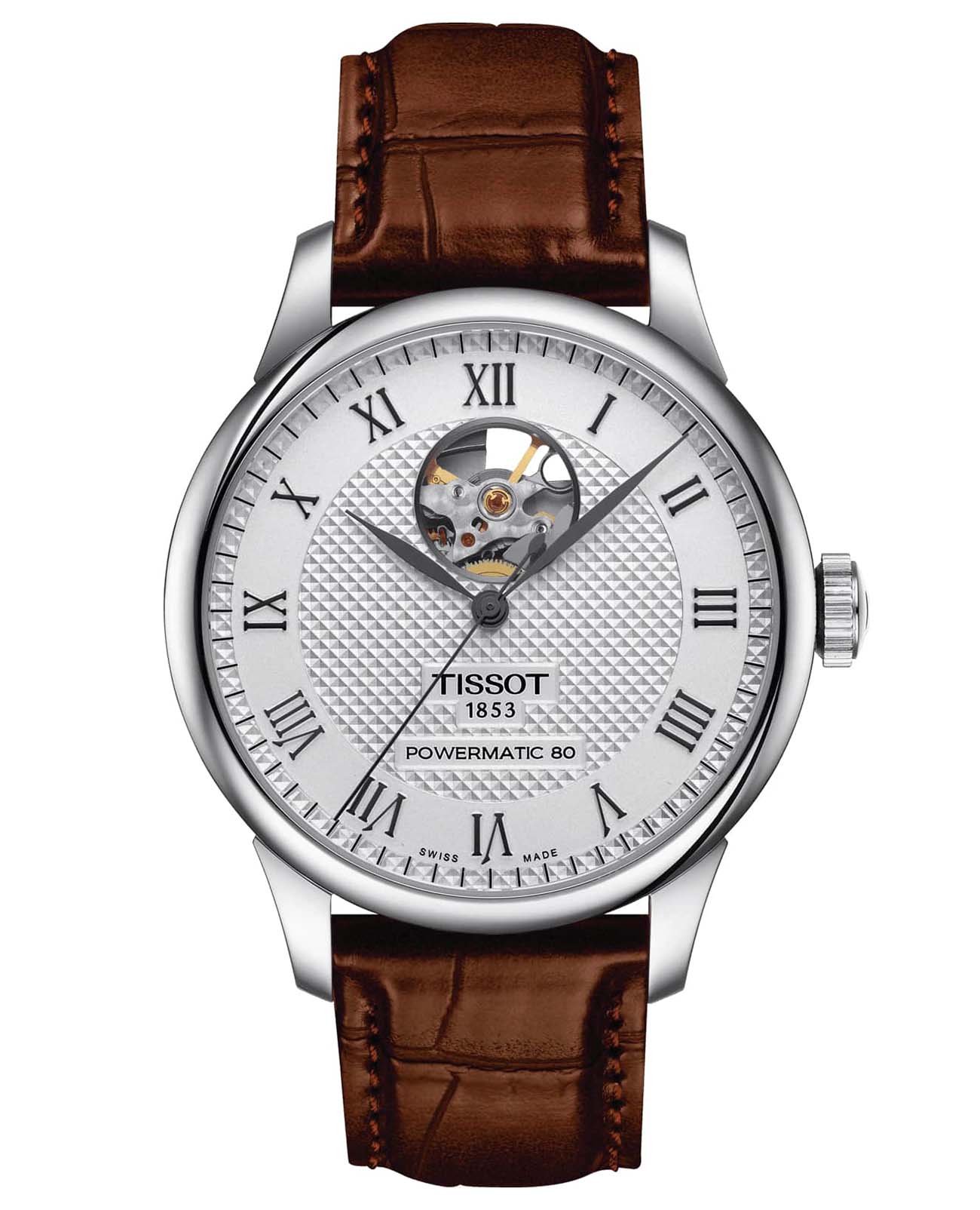 Tissot Tissot Le Locle Powermatic 80 Open Heart T006.407.16.033.01 Le Locle Automatic T0064071603301 механические мужские часы серебристый циферблат, браслет кожаный — вид спереди
