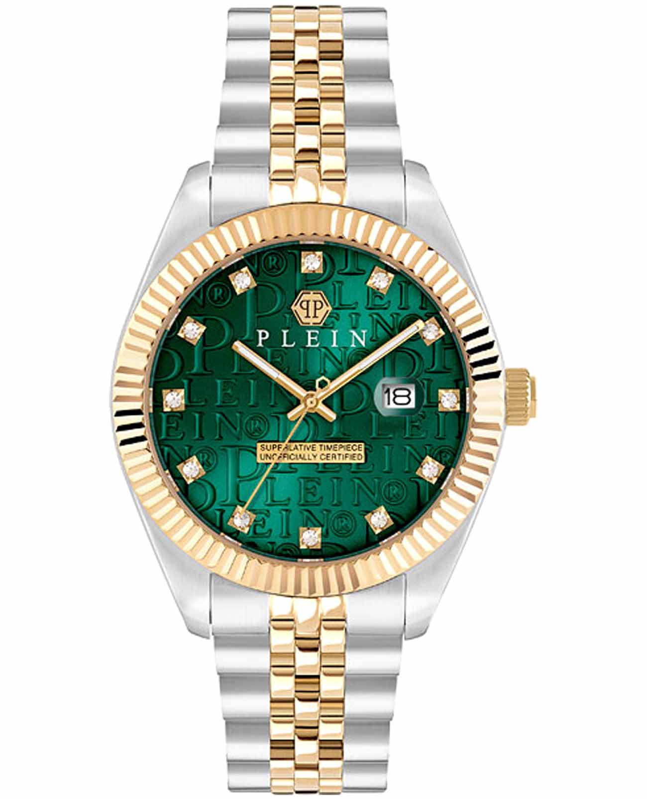 Philipp Plein Philipp Plein Date Superlative Gent PWMFA0325  PWMFA0325 кварцевые мужские часы зеленый циферблат, браслет нержавеющая сталь с pvd-покрытием — вид спереди
