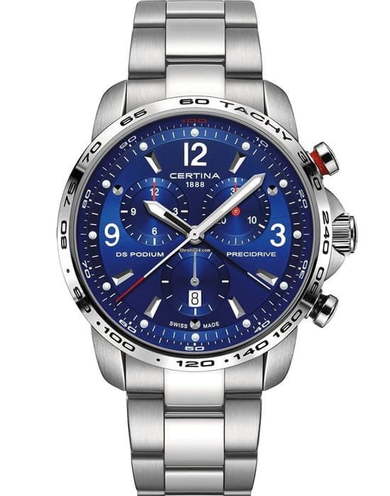 Certina Certina DS Podium Chronograph 1/100 sec C001.647.11.047.00  C0016471104700 кварцевые мужские часы синий циферблат, браслет нержавеющая сталь — вид спереди