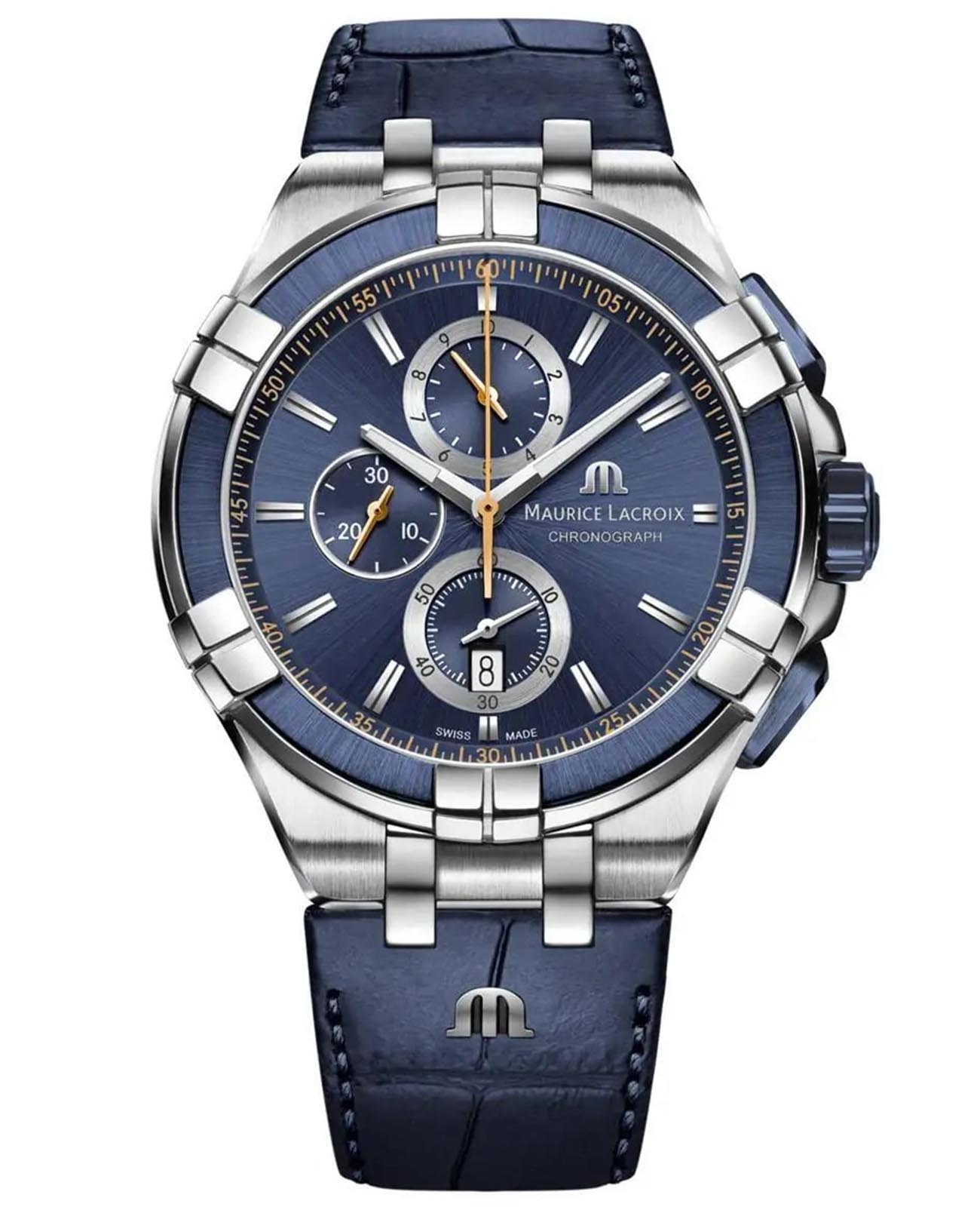 Maurice Lacroix Maurice Lacroix Aikon Chronograph AI1018-SS001-432-4  AI1018-SS001-432-4 кварцевые мужские часы синий циферблат, браслет кожаный — вид спереди