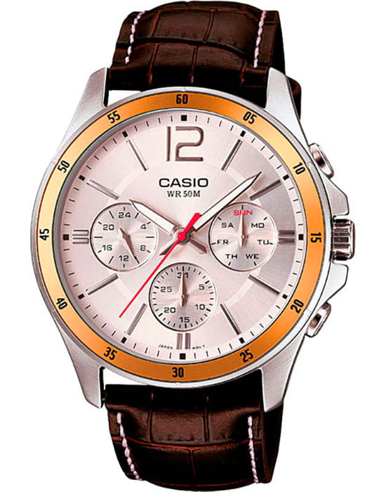 Casio Casio Collection MTP-1374L-7AVDF (MTP-1374L-7A)  MTP-1374L-7A кварцевые мужские часы серебристый циферблат, браслет кожаный — вид спереди