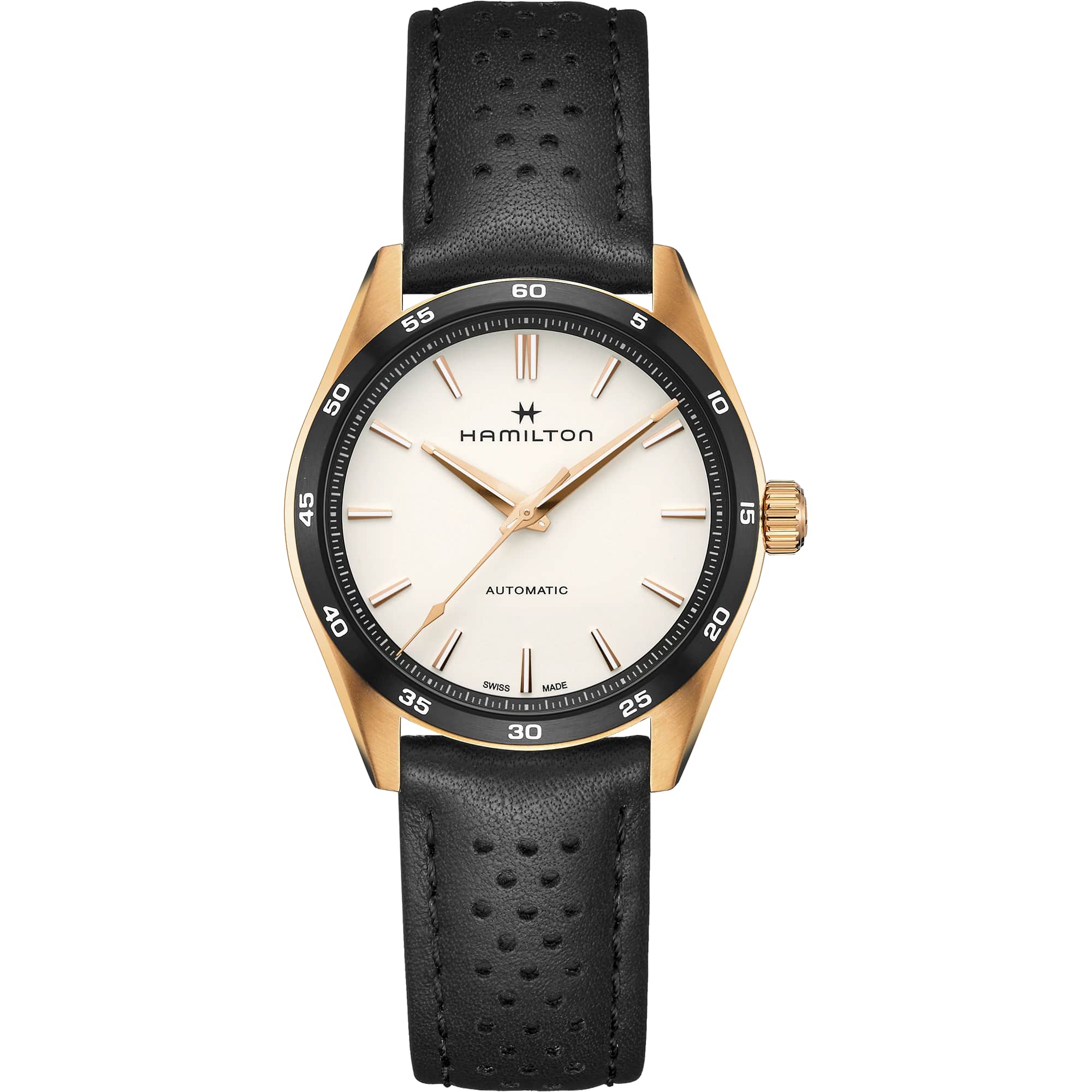 Hamilton Hamilton Jazzmaster Performer Auto H36225770  H36225770 механические мужские часы белый циферблат, браслет кожаный — вид спереди