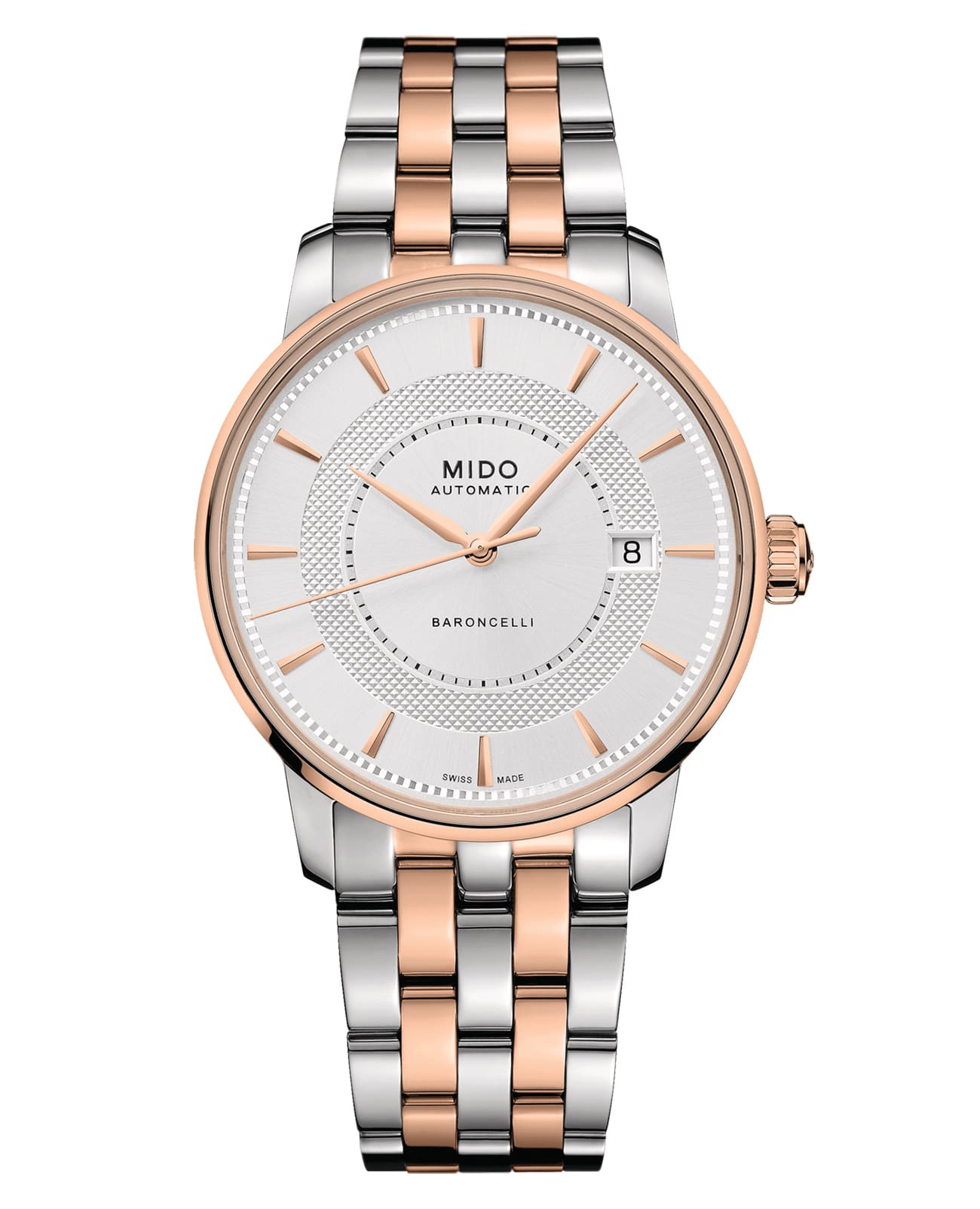 Mido Mido Baroncelli Signature M037.407.22.031.01  M0374072203101 механические мужские часы белый циферблат, браслет нержавеющая сталь — вид спереди