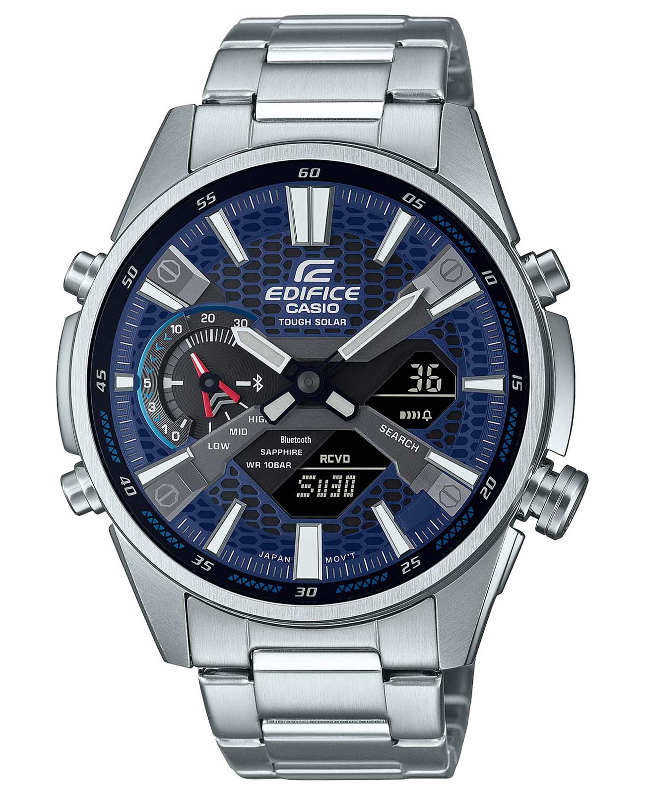 Casio Casio Edifice ECB-S100D-2A ECB ECB-S100D-2A кварцевые мужские часы синий циферблат, браслет нержавеющая сталь — вид спереди