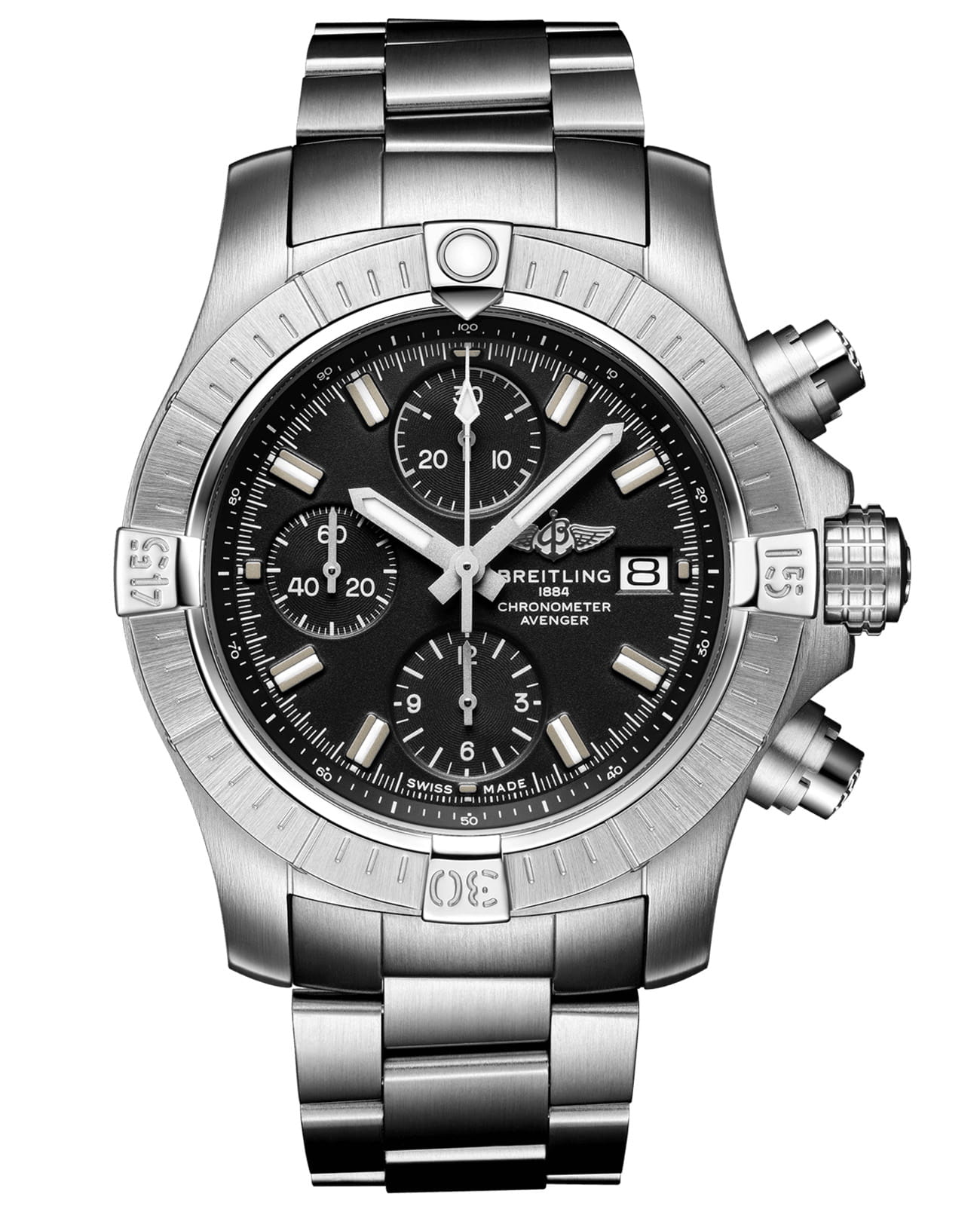 Breitling Breitling Avenger Chronograph 43 A13385101B1A1  A13385101B1A1 механические мужские часы синий циферблат, браслет нержавеющая сталь — вид спереди